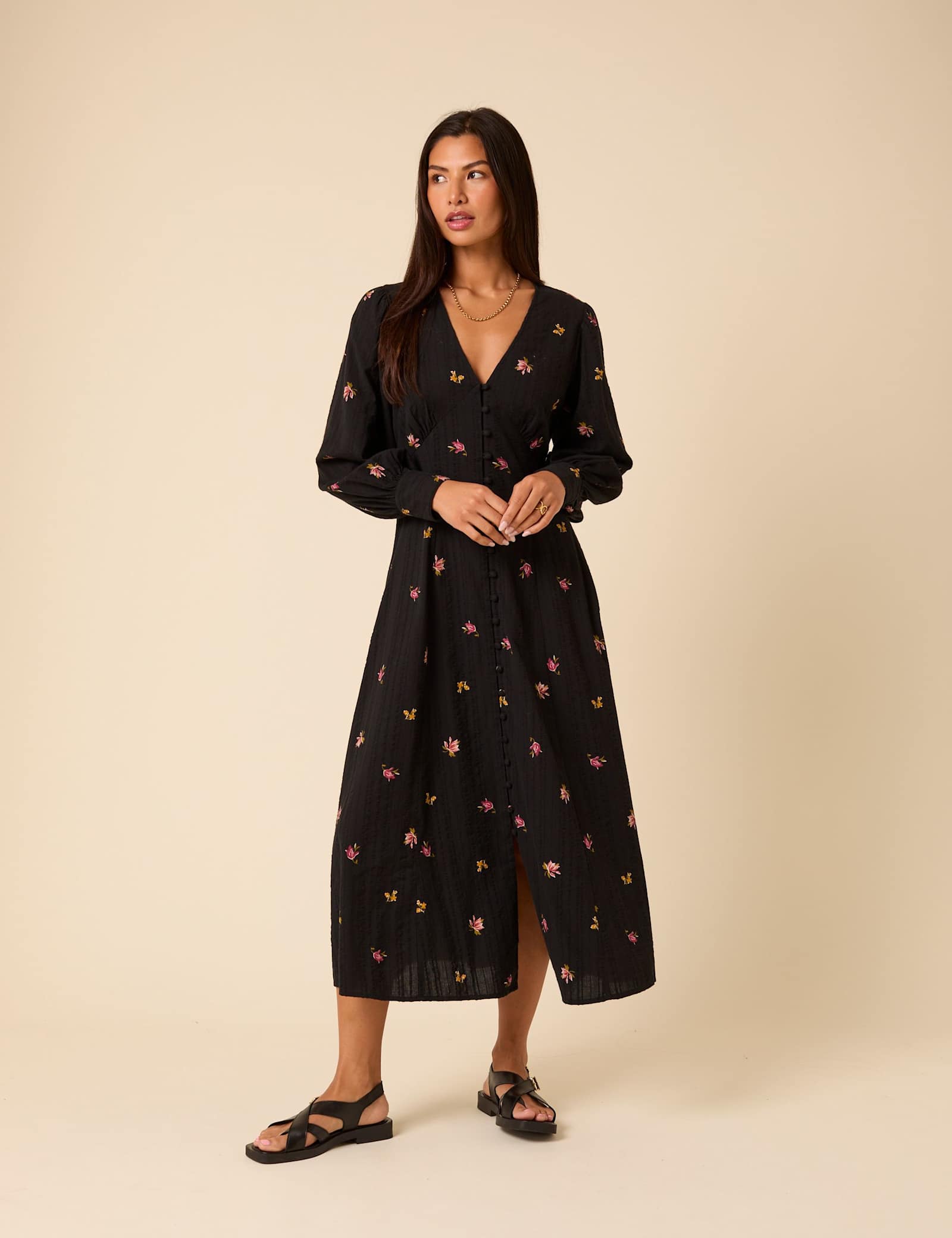 Pure Cotton Floral V-Neck Midi Waisted Dress - image 1