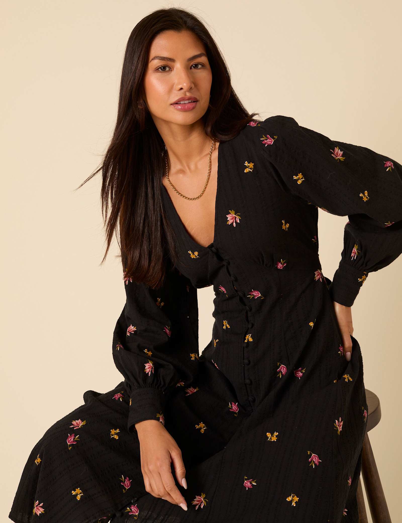 Pure Cotton Floral V-Neck Midi Waisted Dress - image 5