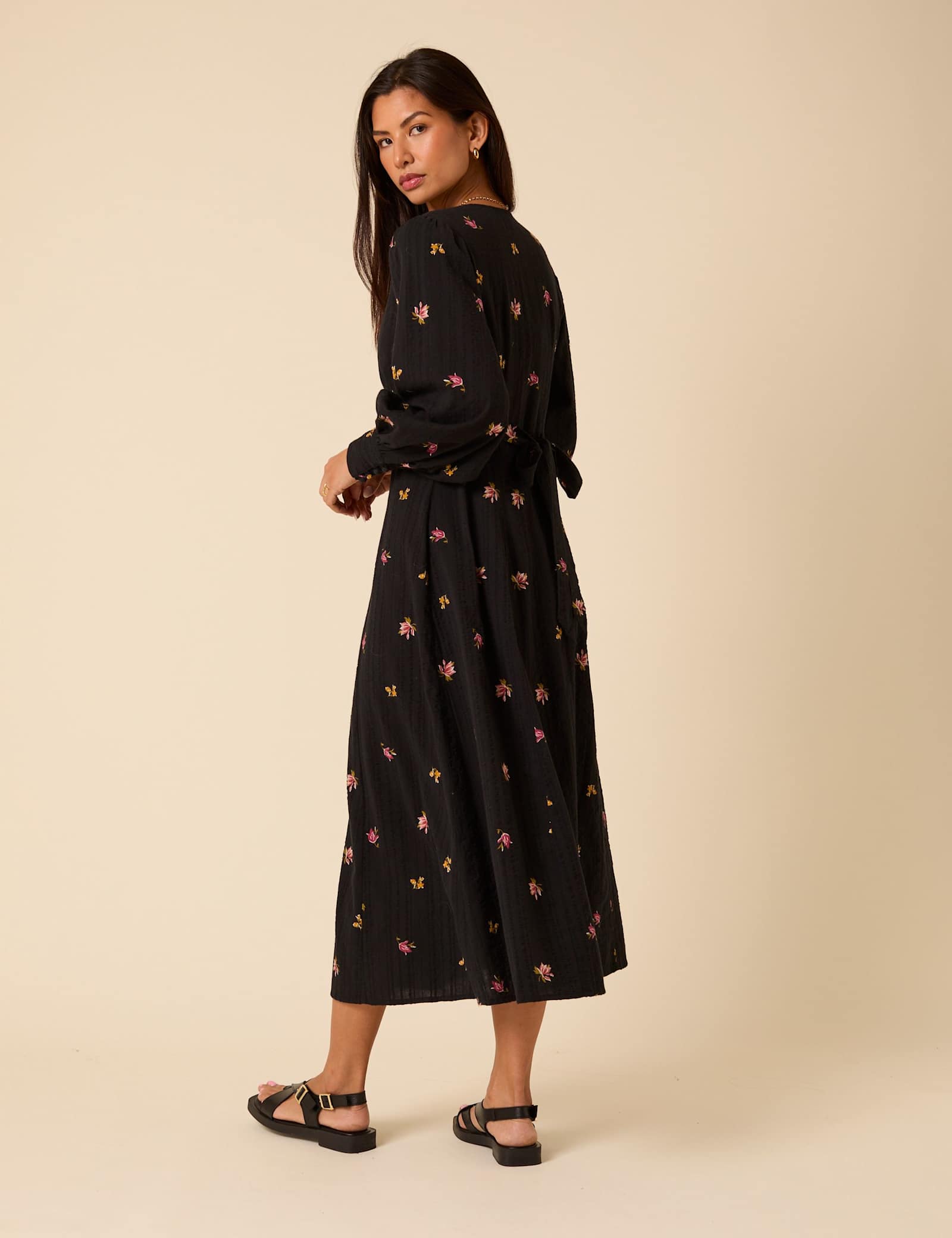 Pure Cotton Floral V-Neck Midi Waisted Dress - image 4