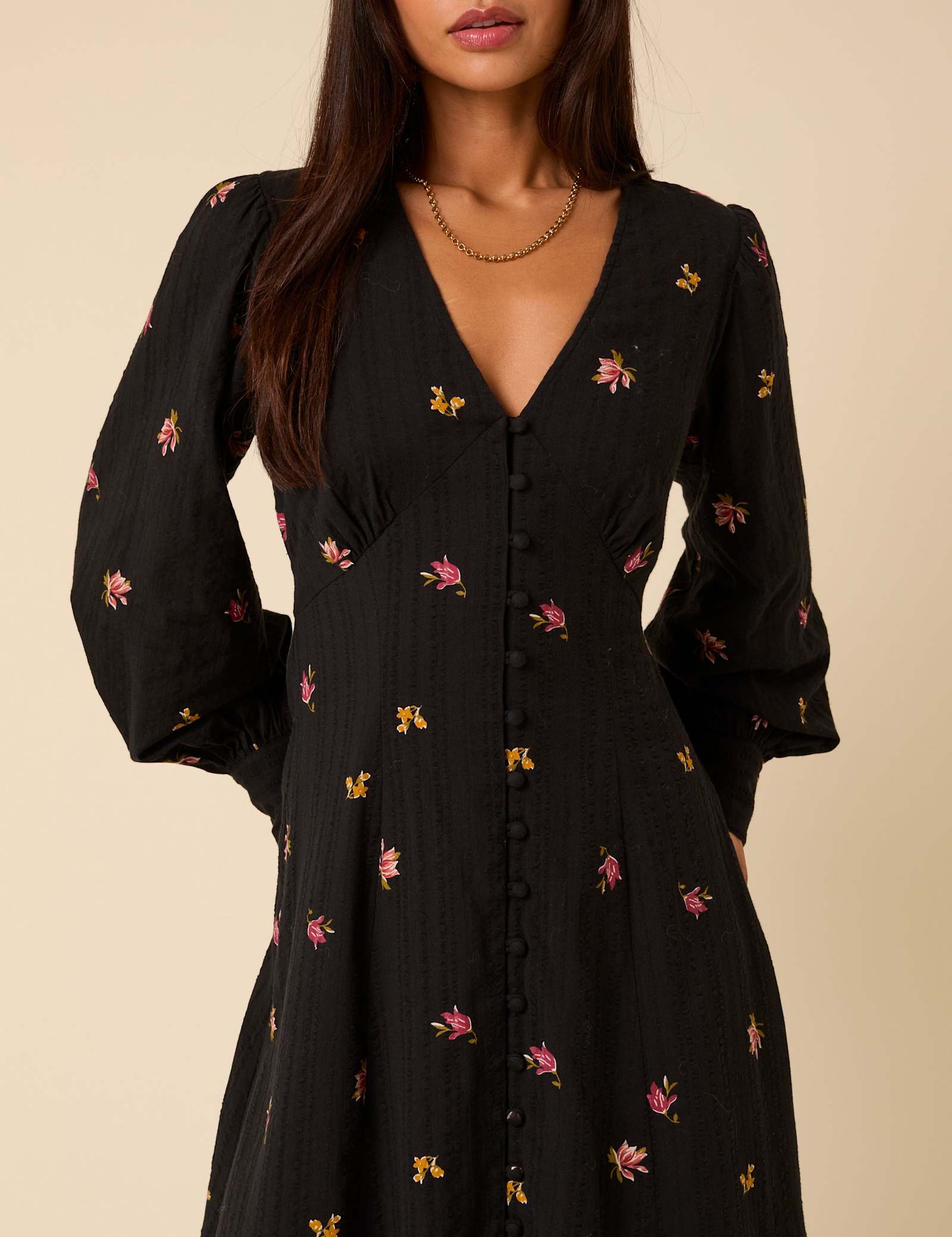 Pure Cotton Floral V-Neck Midi Waisted Dress - image 3