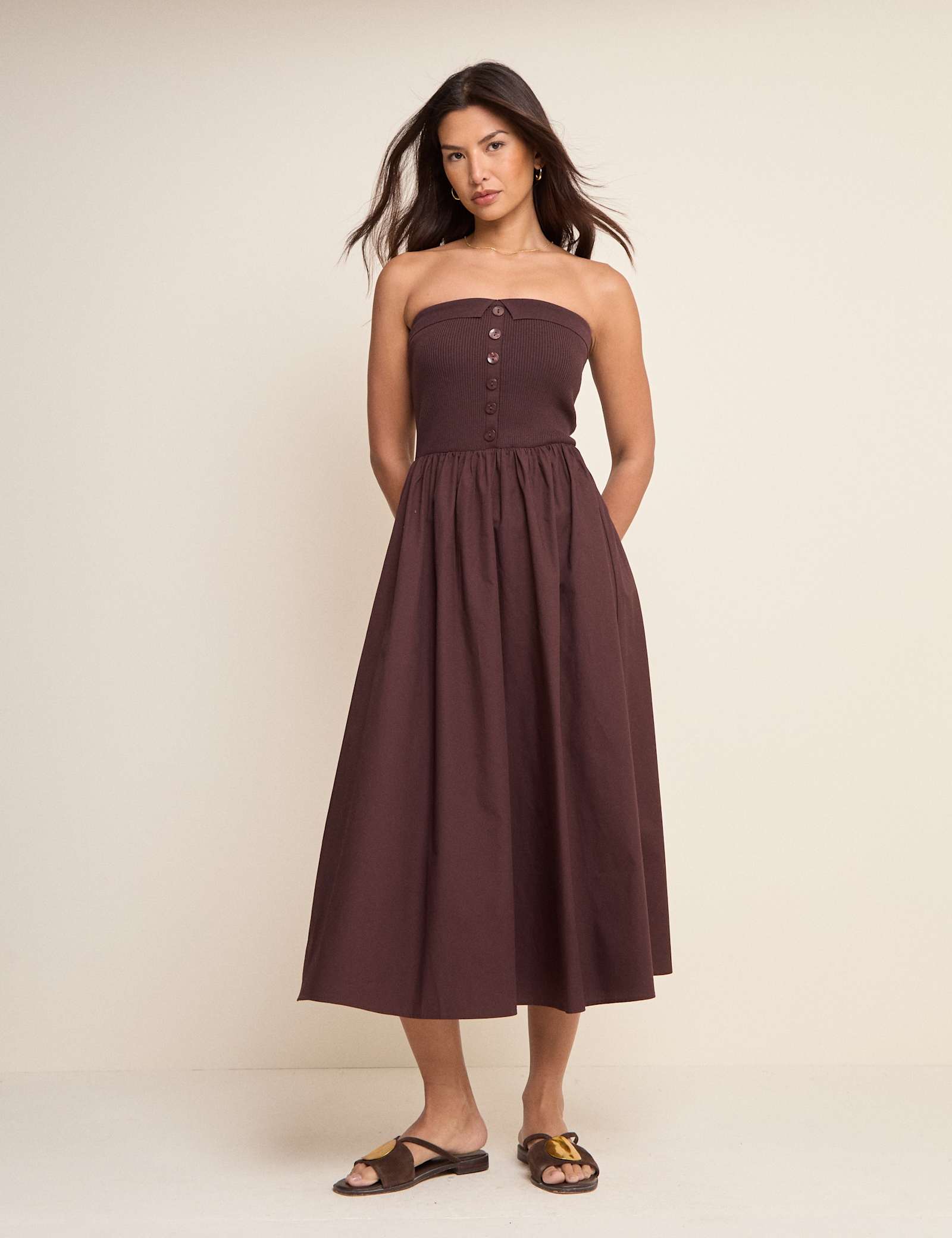 Bandeau Button Through Midi Waisted Dress - image 1