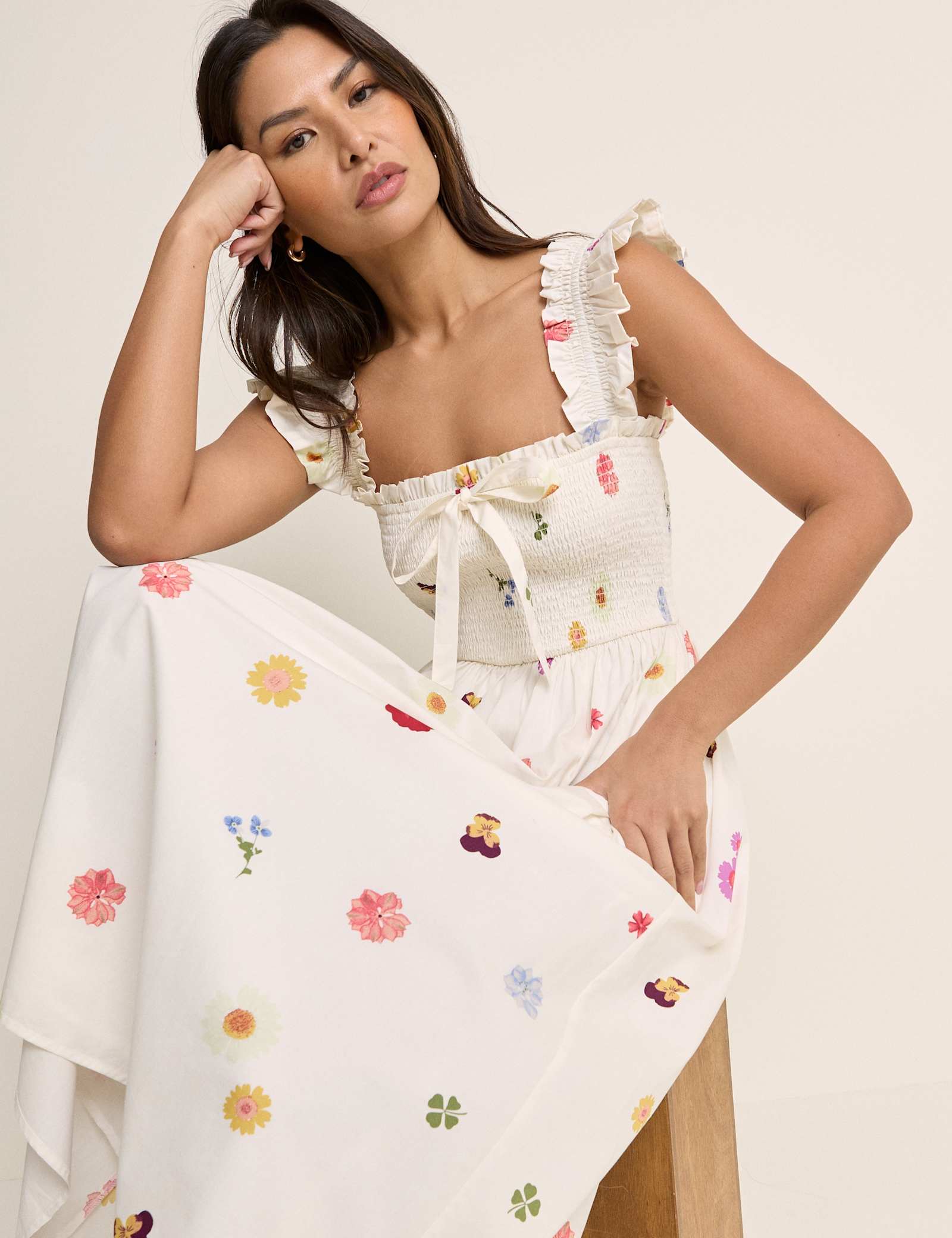 Pure Cotton Floral Midi Shirred Dress - image 2