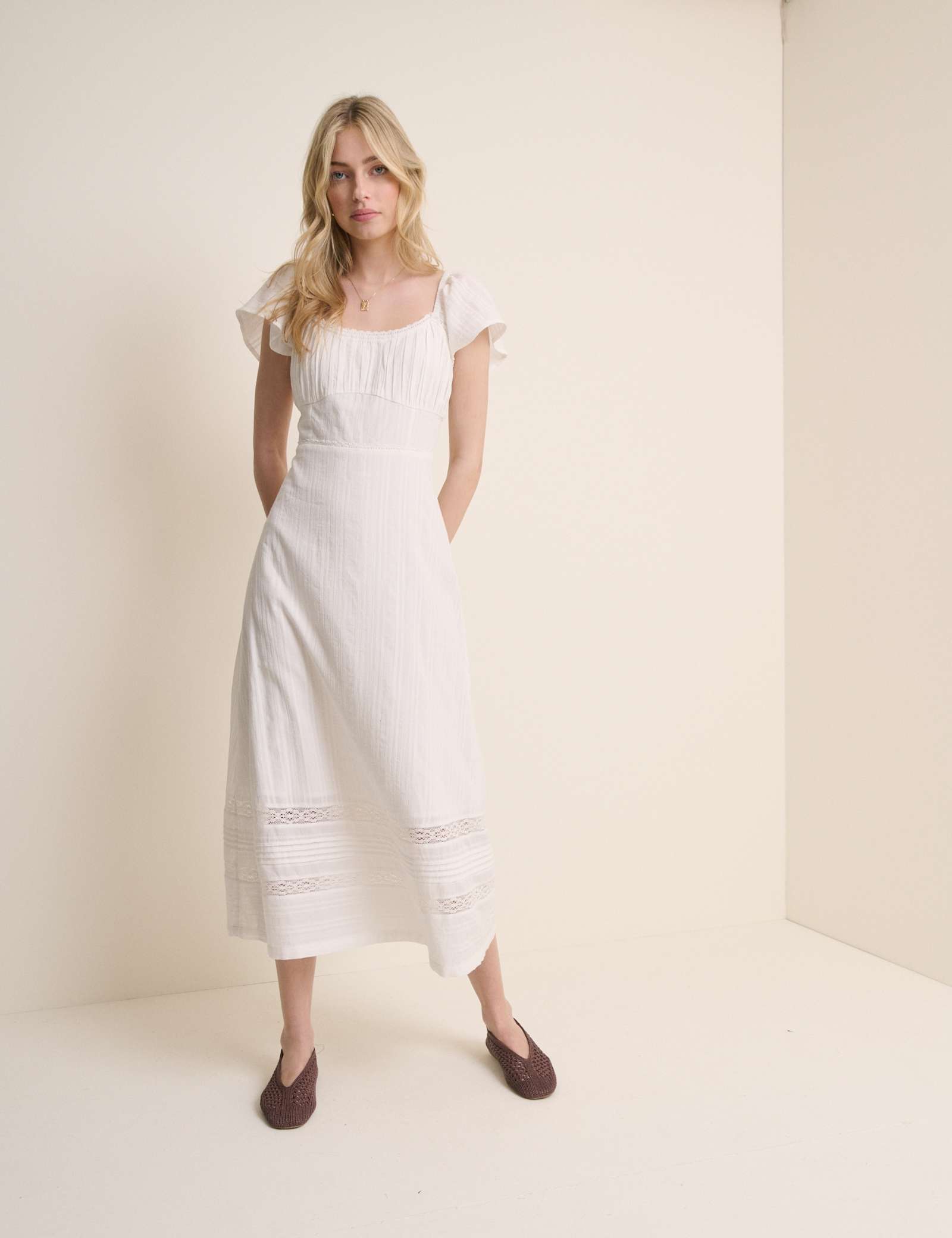 Pure Cotton Lace Insert Midi Waisted Dress - image 1