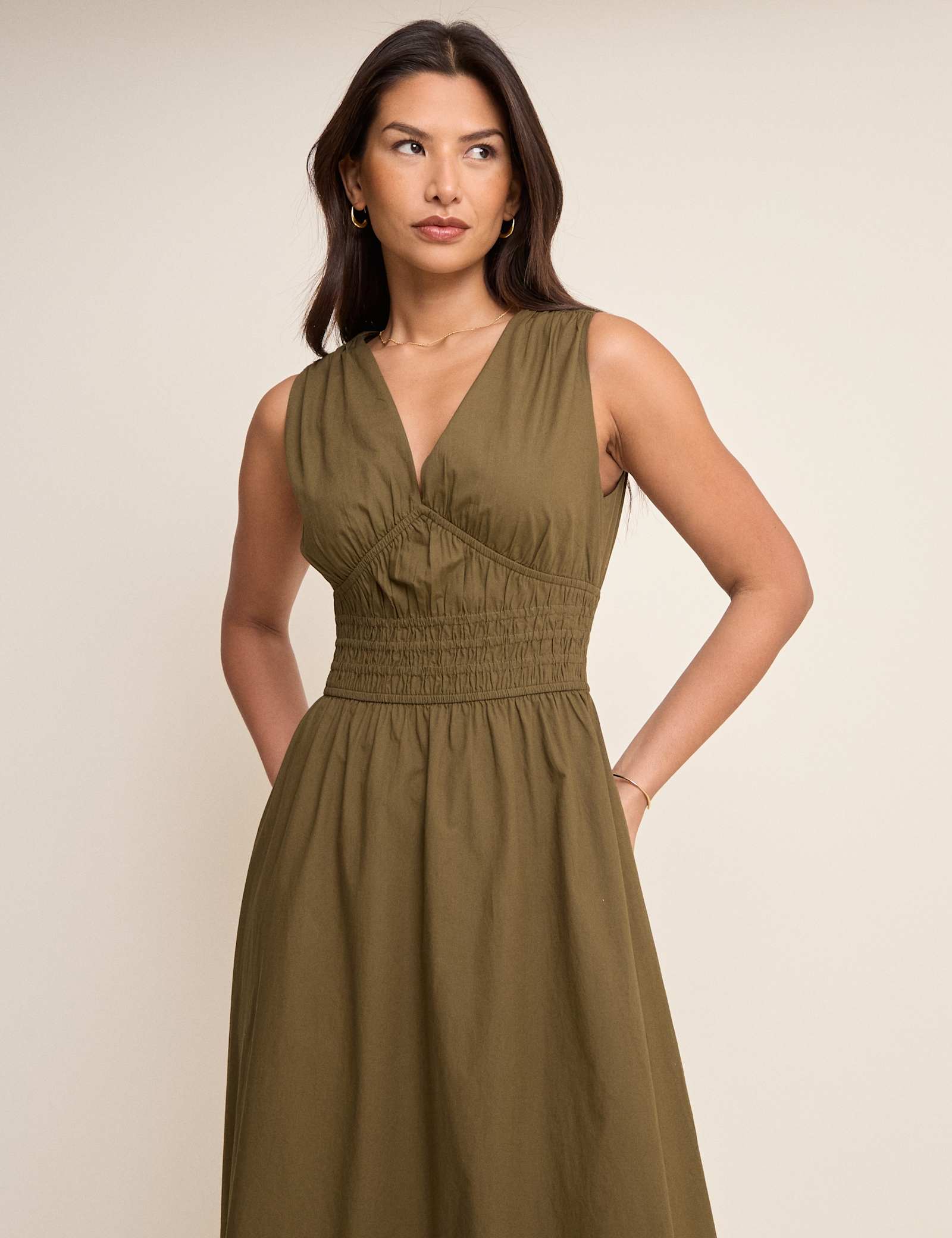 Pure Cotton V-Neck Midi Waisted Dress - image 3