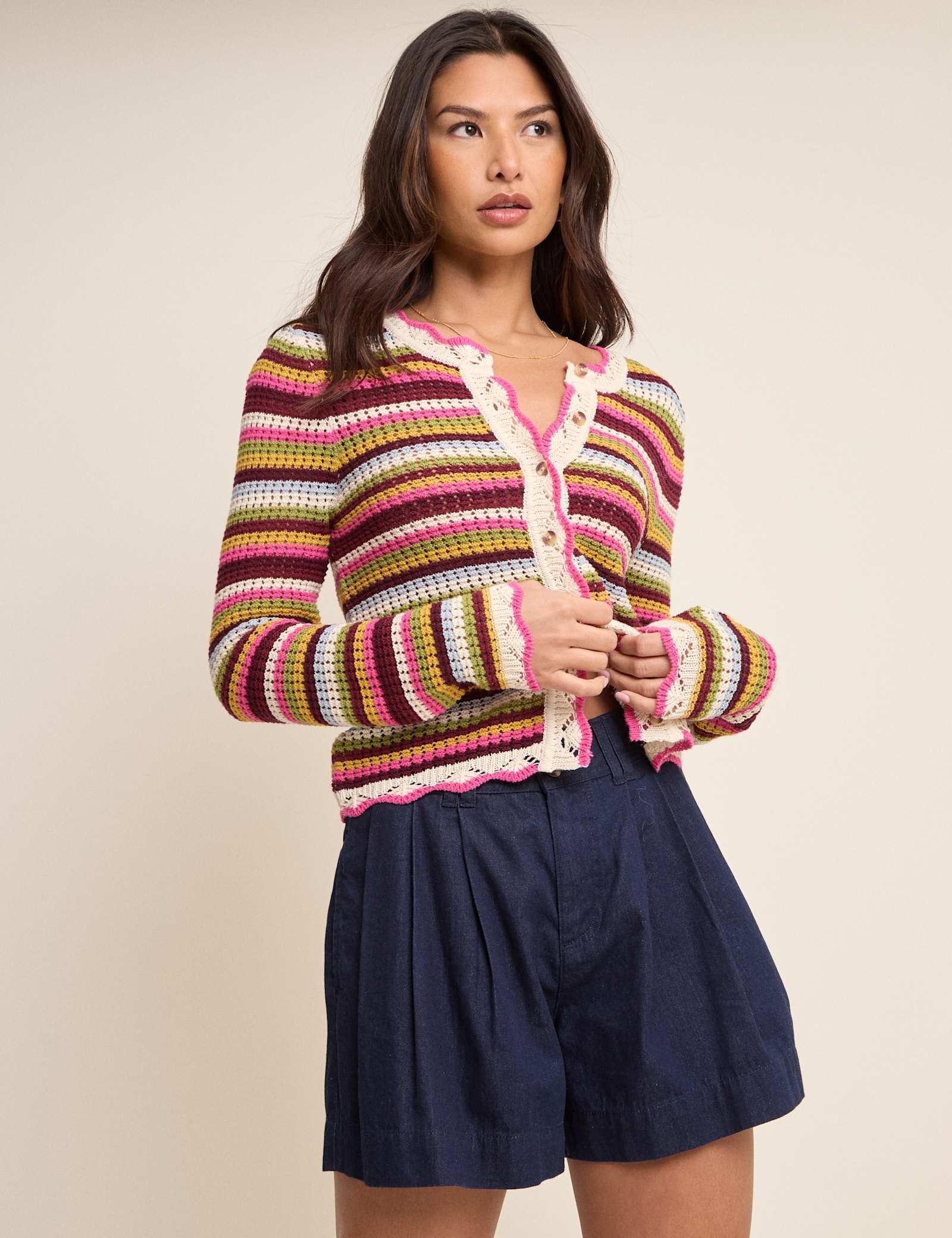 Pure Cotton Striped Mock Crochet Cardigan - image 4