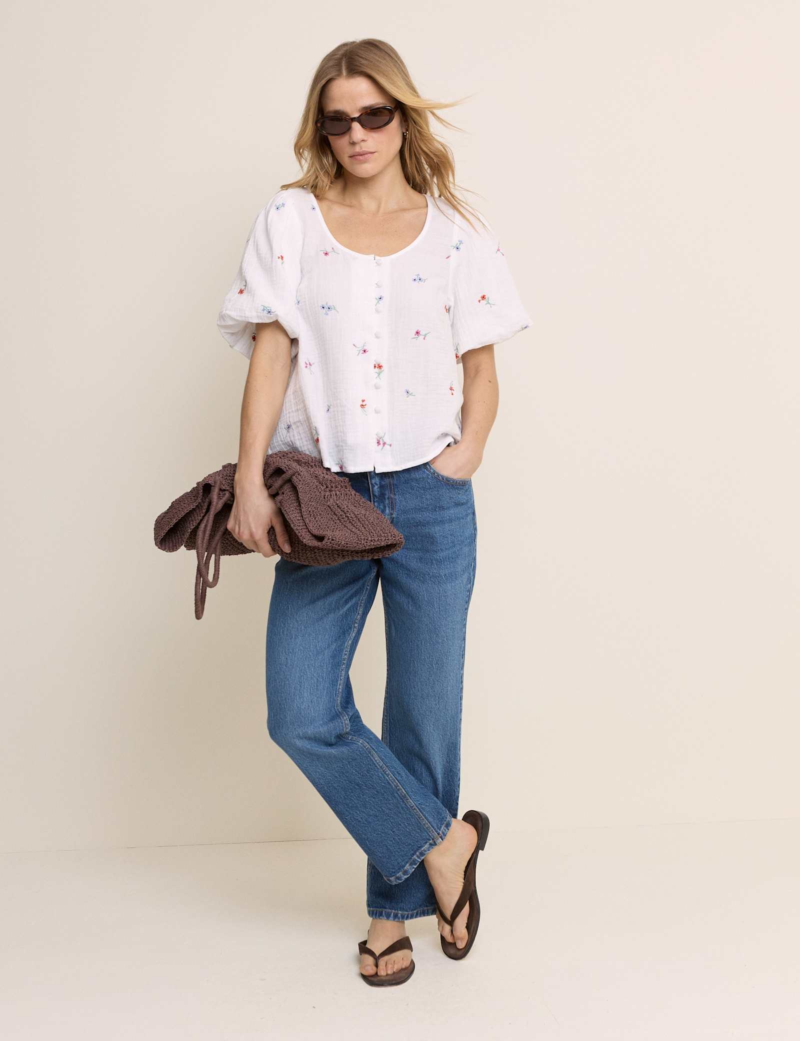 Pure Cotton Embroidered Puff Sleeve Blouse - image 5