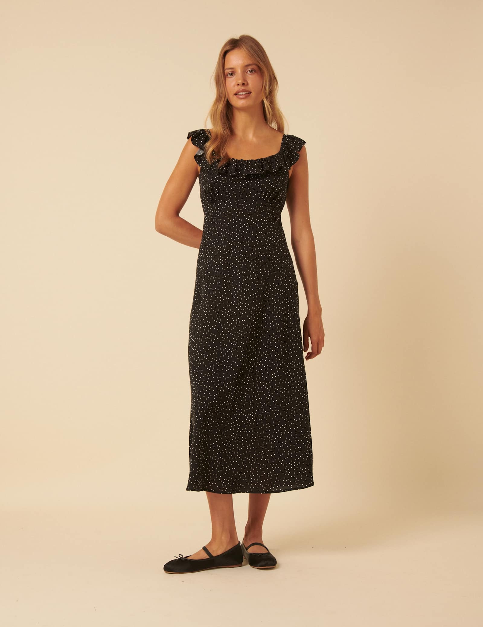 Polka Dot Ruffle Neck Midi Slip Dress - image 1