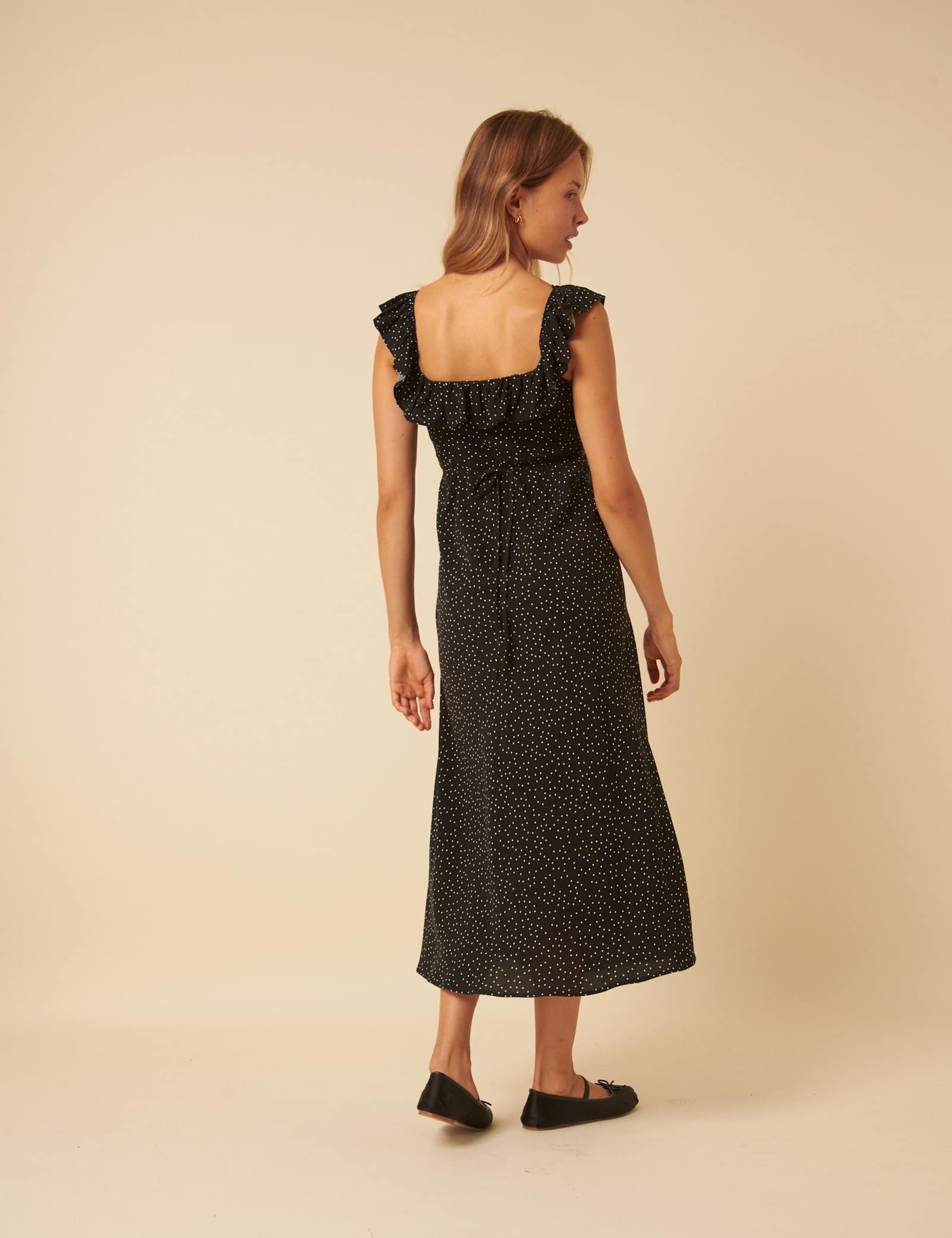 Polka Dot Ruffle Neck Midi Slip Dress - image 5