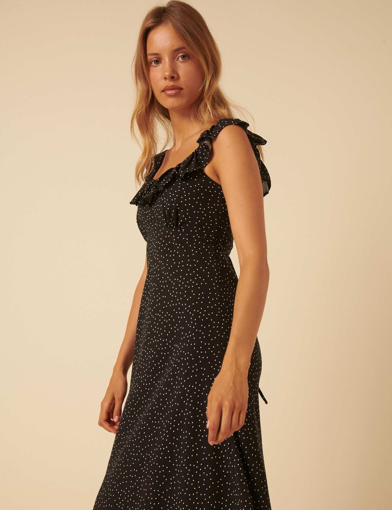 Polka Dot Ruffle Neck Midi Slip Dress - image 4