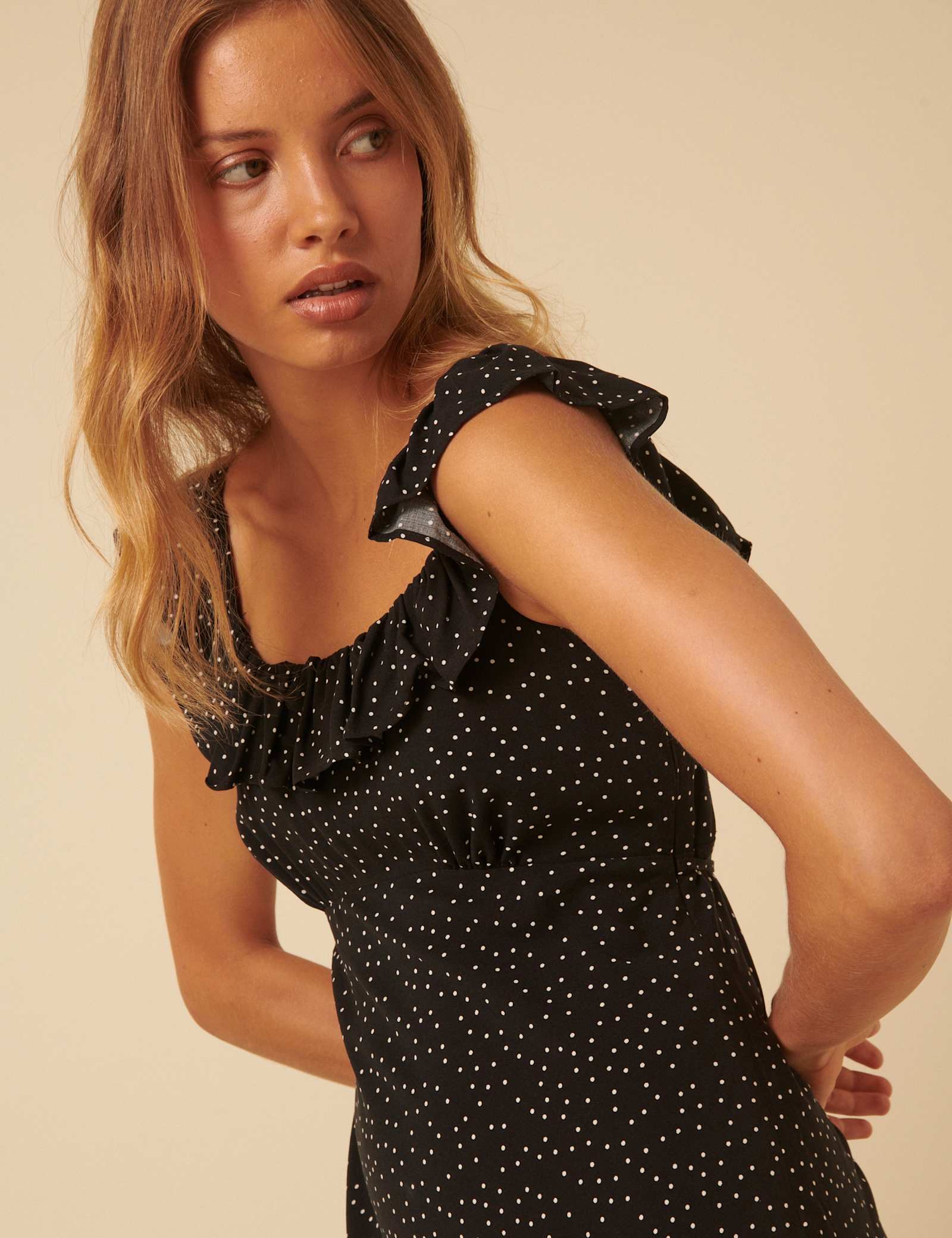 Polka Dot Ruffle Neck Midi Slip Dress - image 3