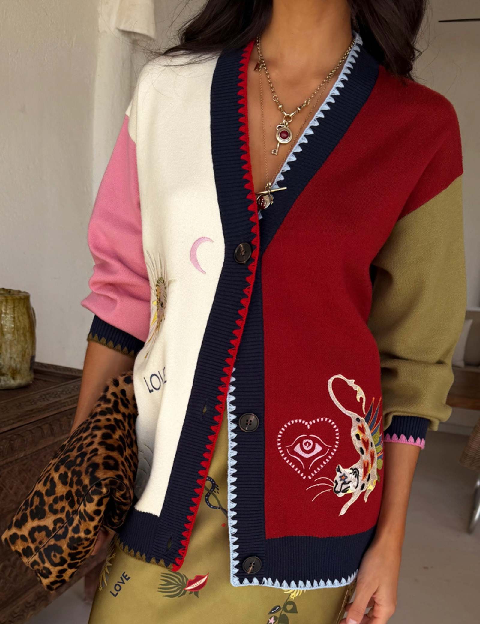 Embroidered Colour Block Relaxed Cardigan - image 1