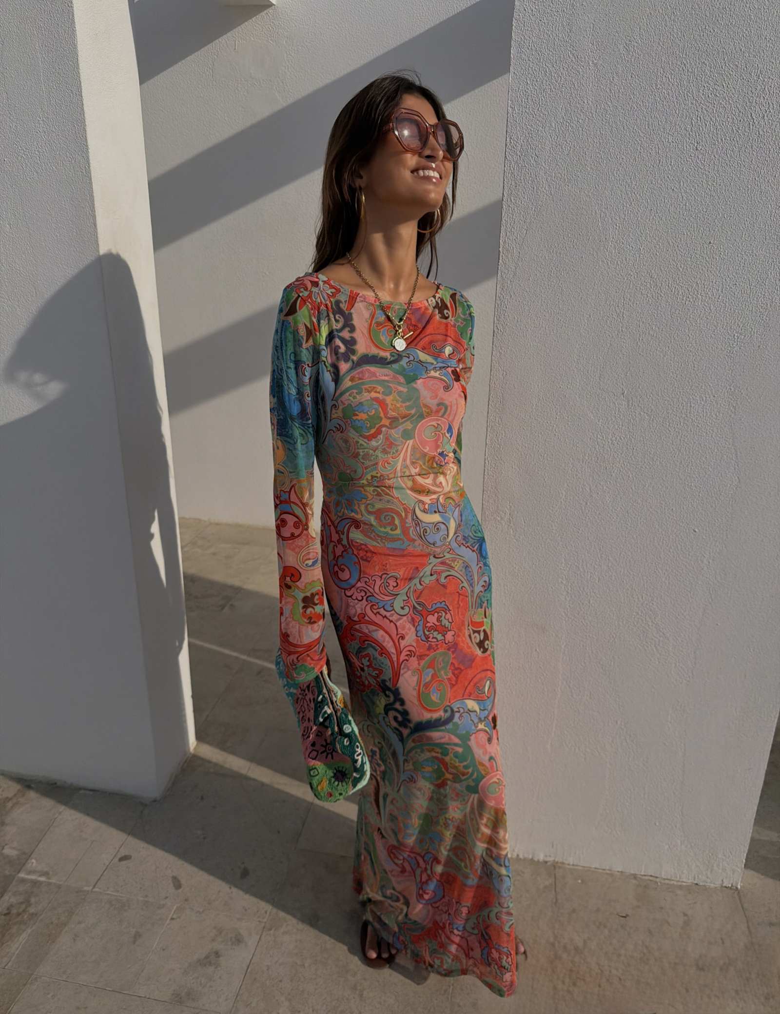Mesh Printed Maxi Column Dress - image 1