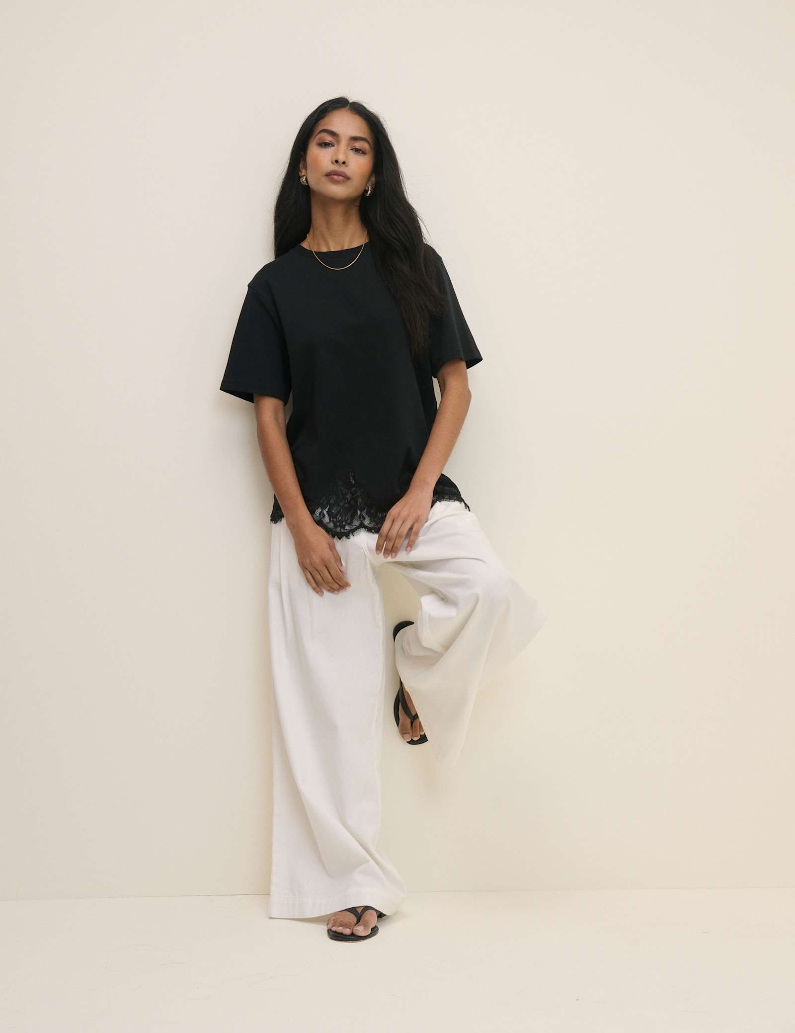 Pure Cotton Asymmetric Lace Hem T-Shirt - image 4