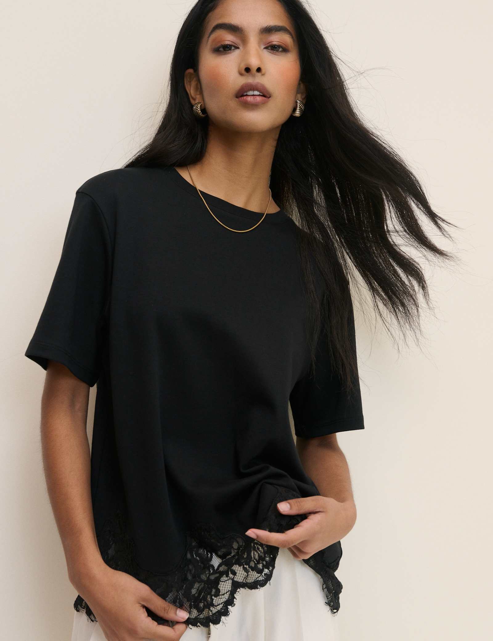 Pure Cotton Asymmetric Lace Hem T-Shirt - image 3