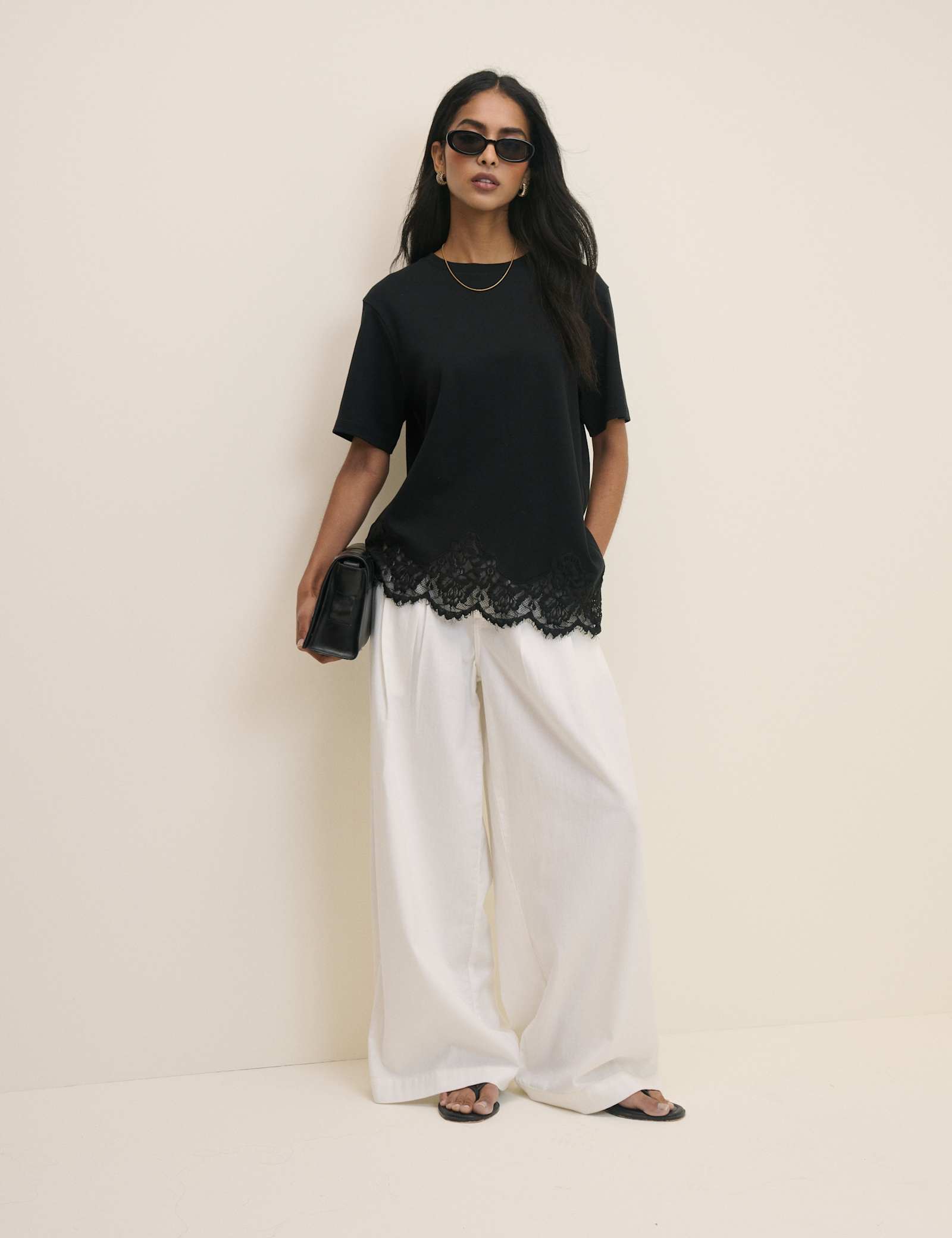 Pure Cotton Asymmetric Lace Hem T-Shirt - image 2