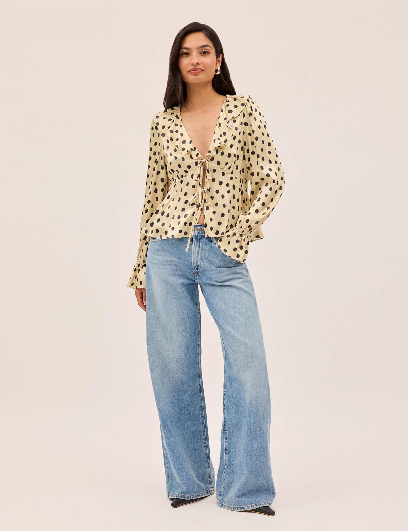 Satin Polka Dot V-Neck Tie Front Blouse - image 3