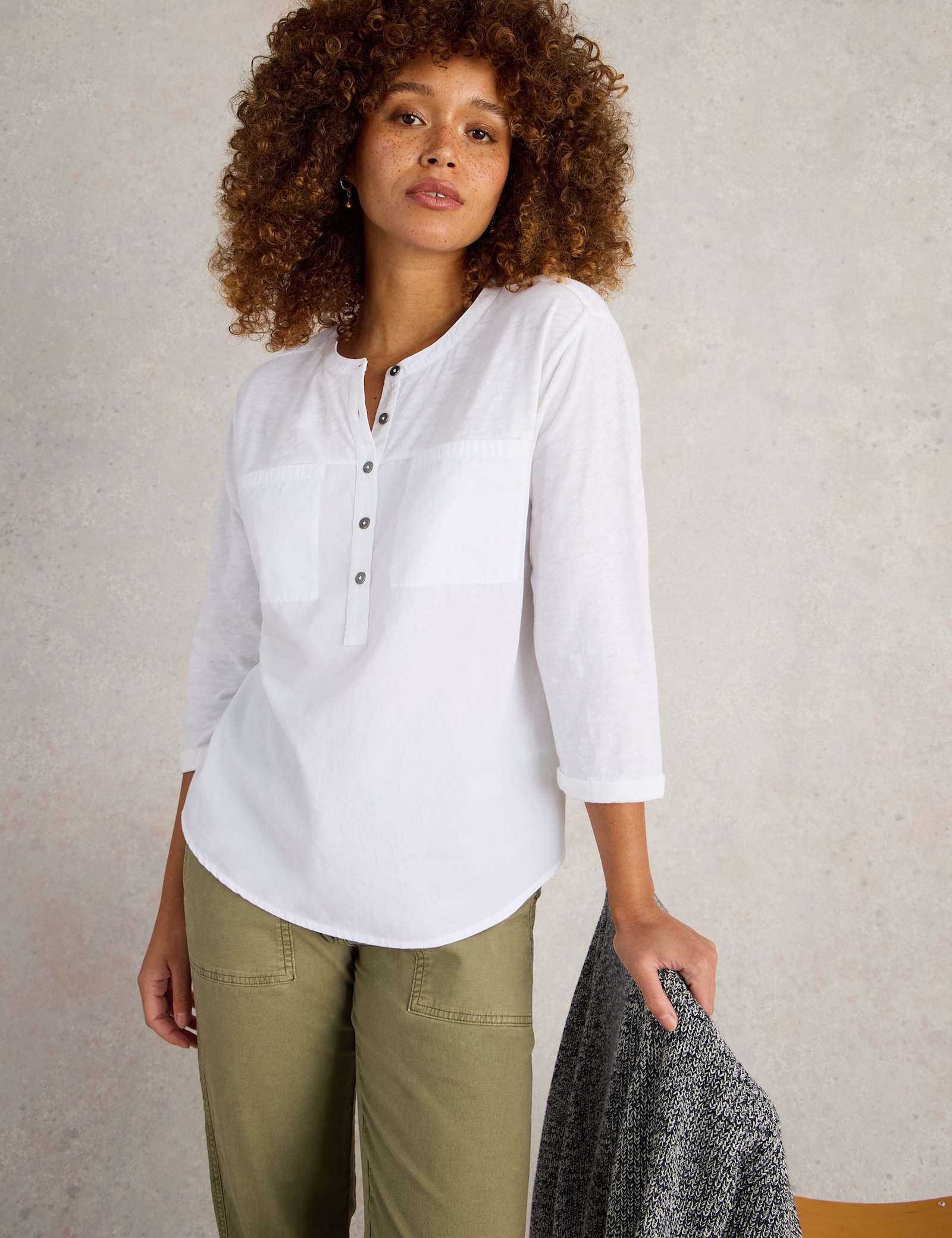 Pure Cotton Round Neck Button Detail Shirt - image 3