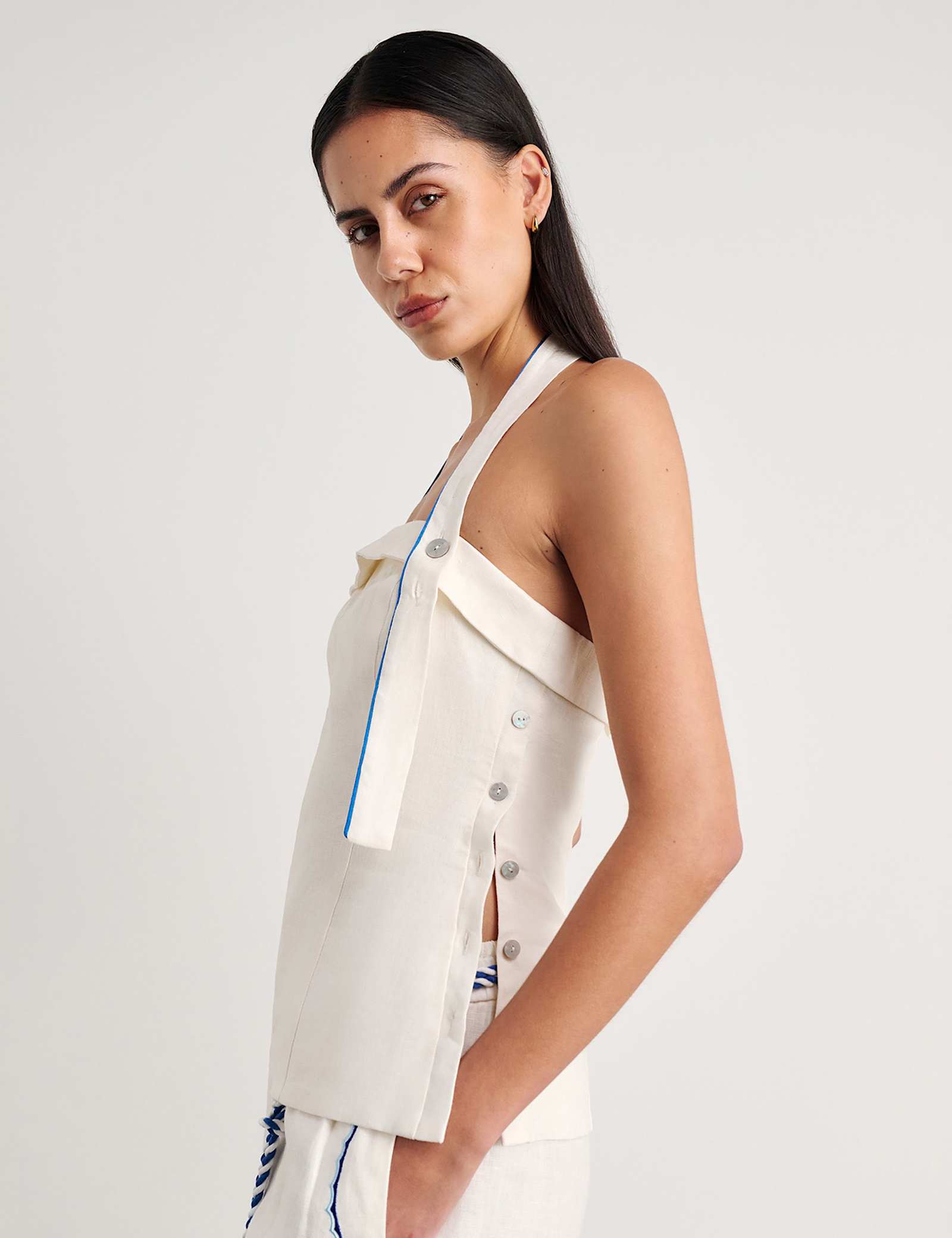 Pure Linen Embroidered Halter Neck Top - image 4