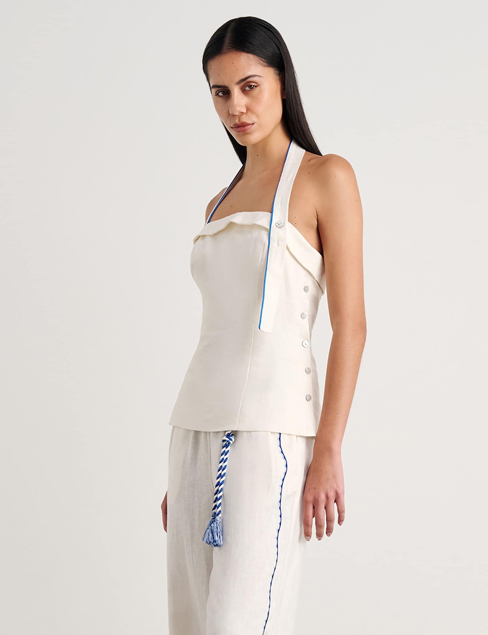 Pure Linen Embroidered Halter Neck Top - image 3