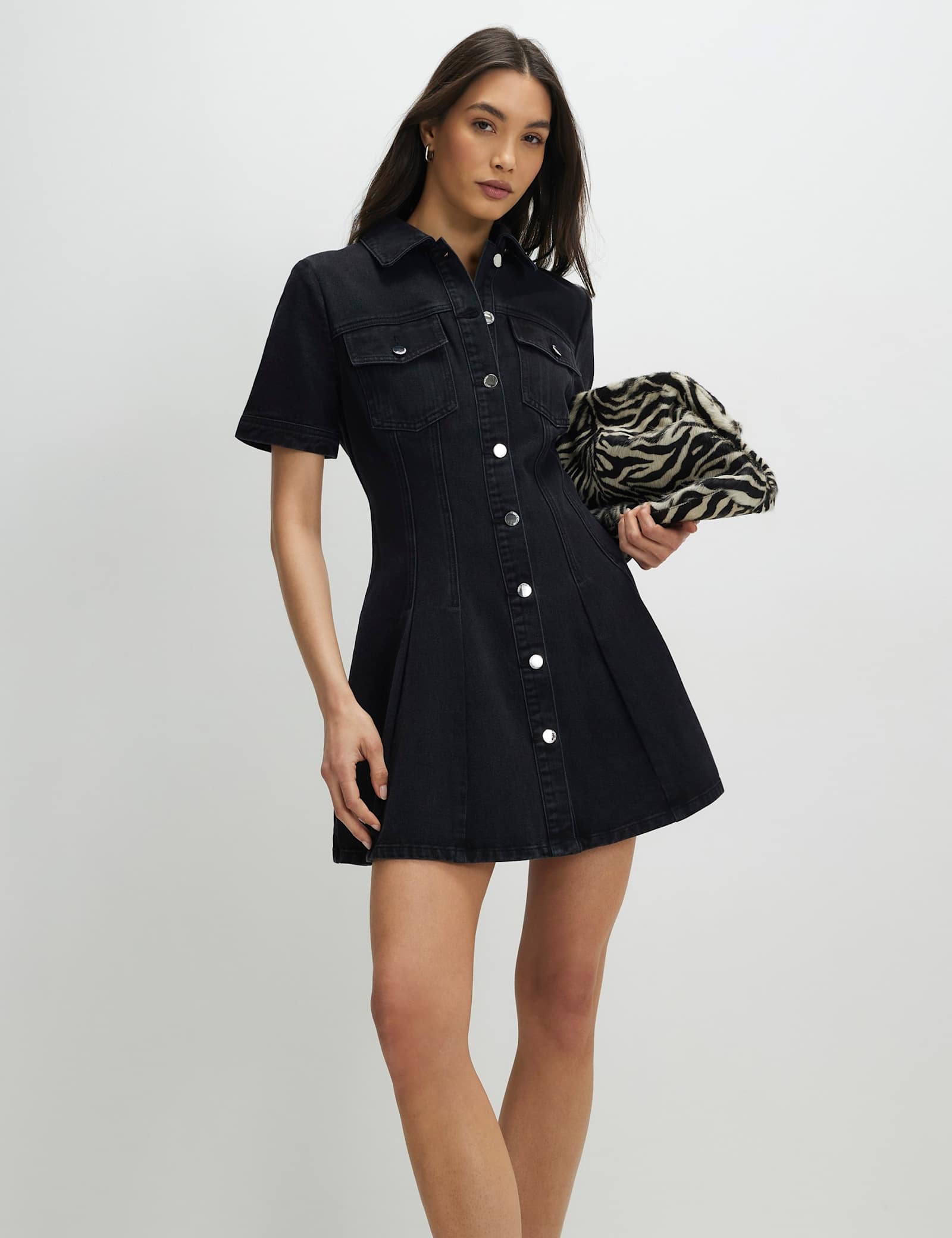 Denim Collared Pleat Front Mini Shirt Dress - image 1