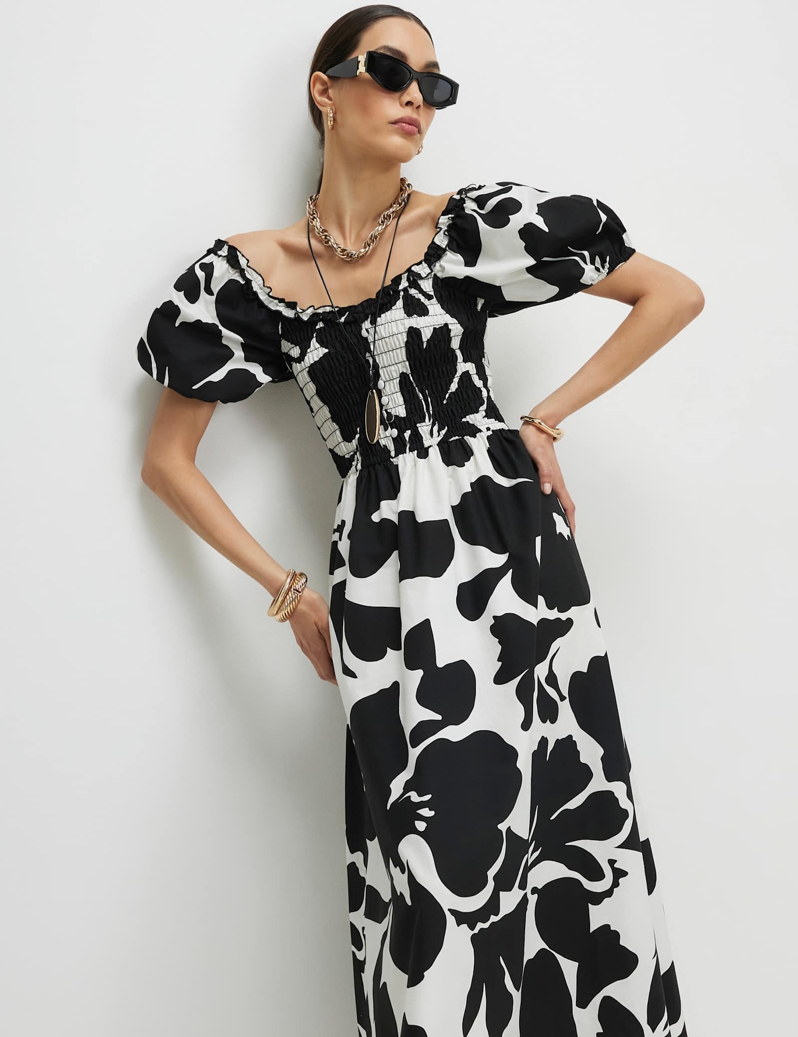 Pure Cotton Floral Midi Shirred Dress - image 3