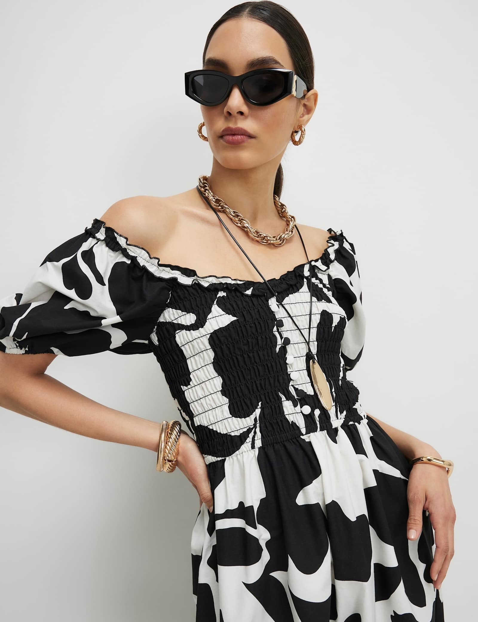 Pure Cotton Floral Midi Shirred Dress - image 2