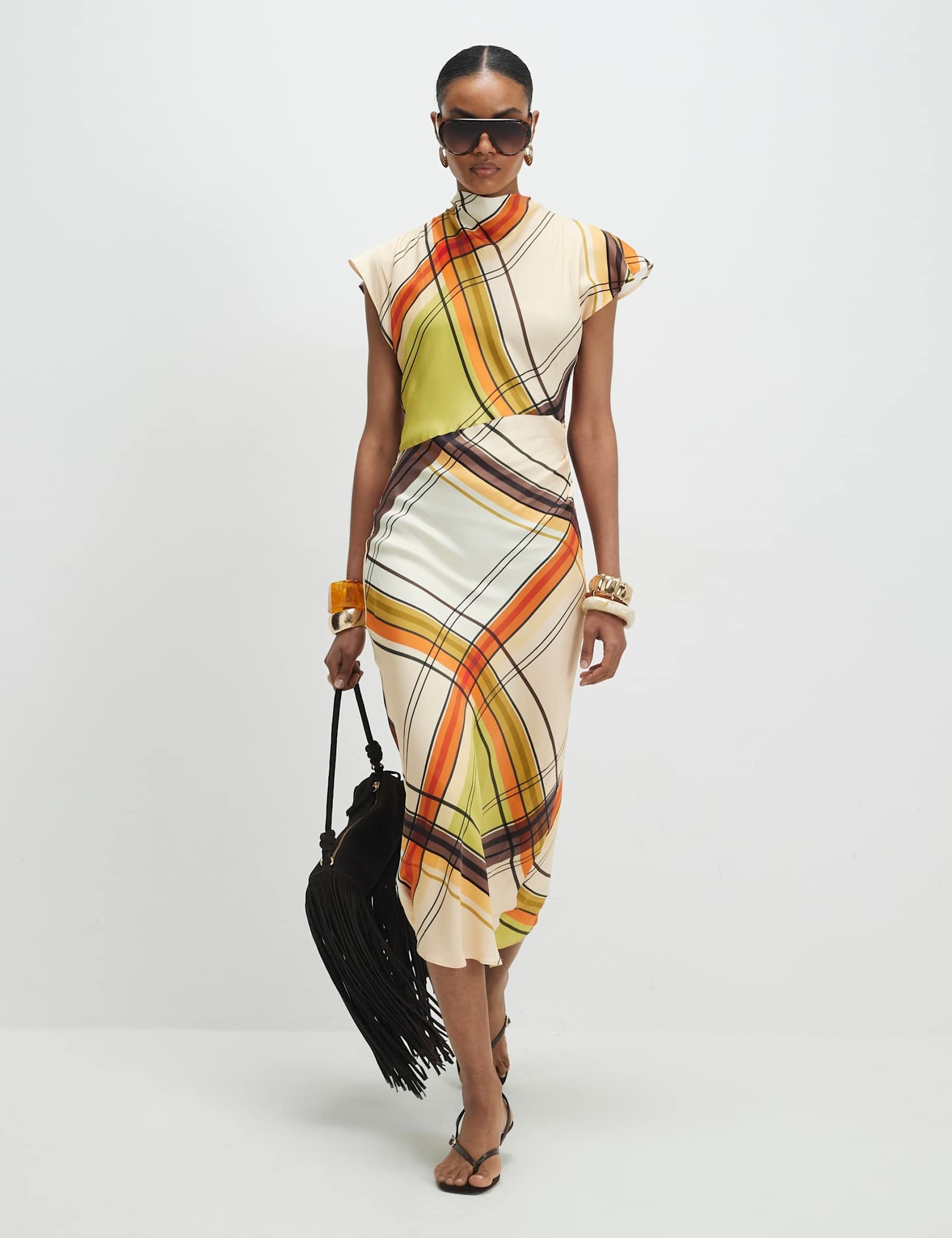 Checked Cowl Neck Midi Column Dress - image 1