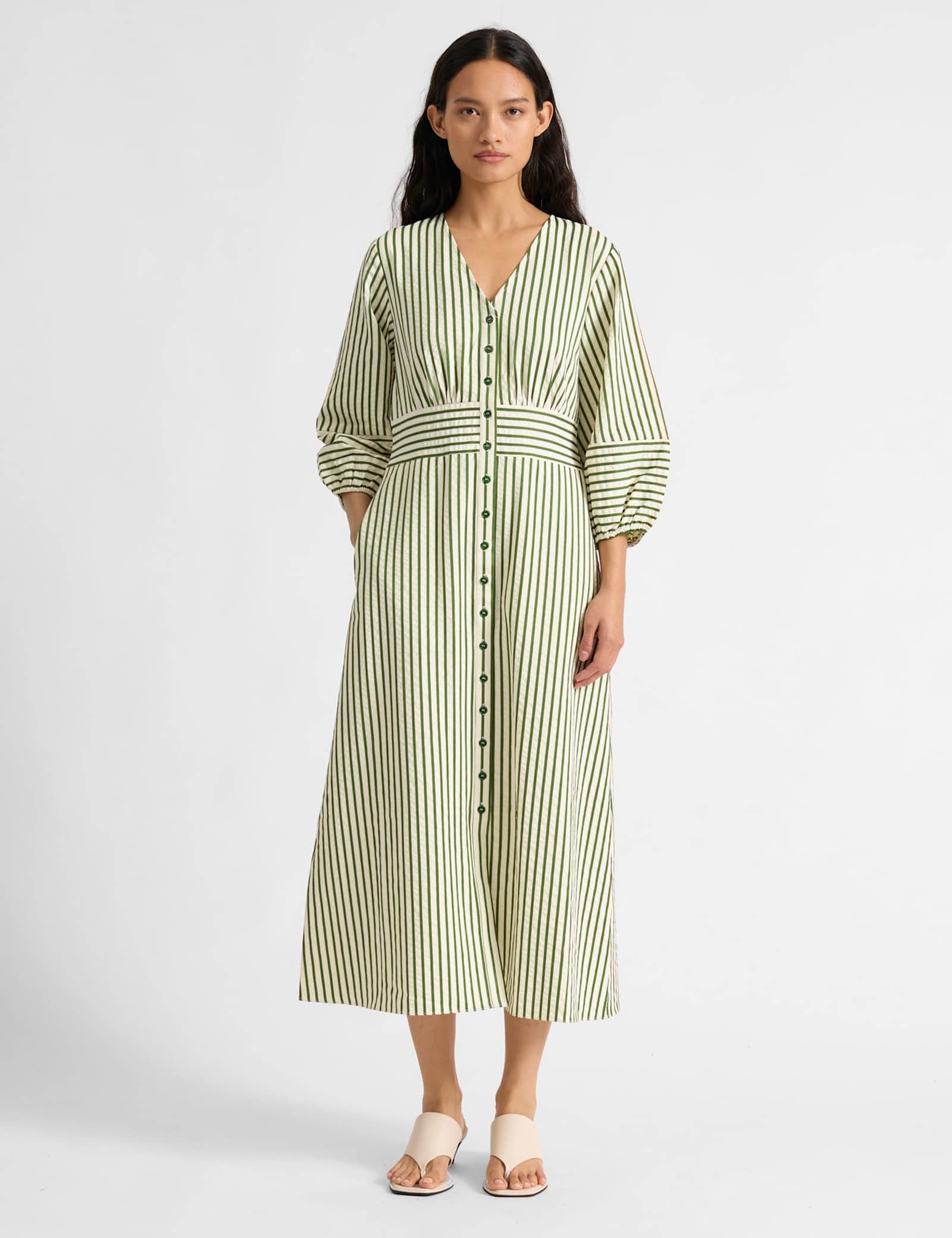 Cotton Blend Striped V-Neck Midi Shirt Dress - image 2