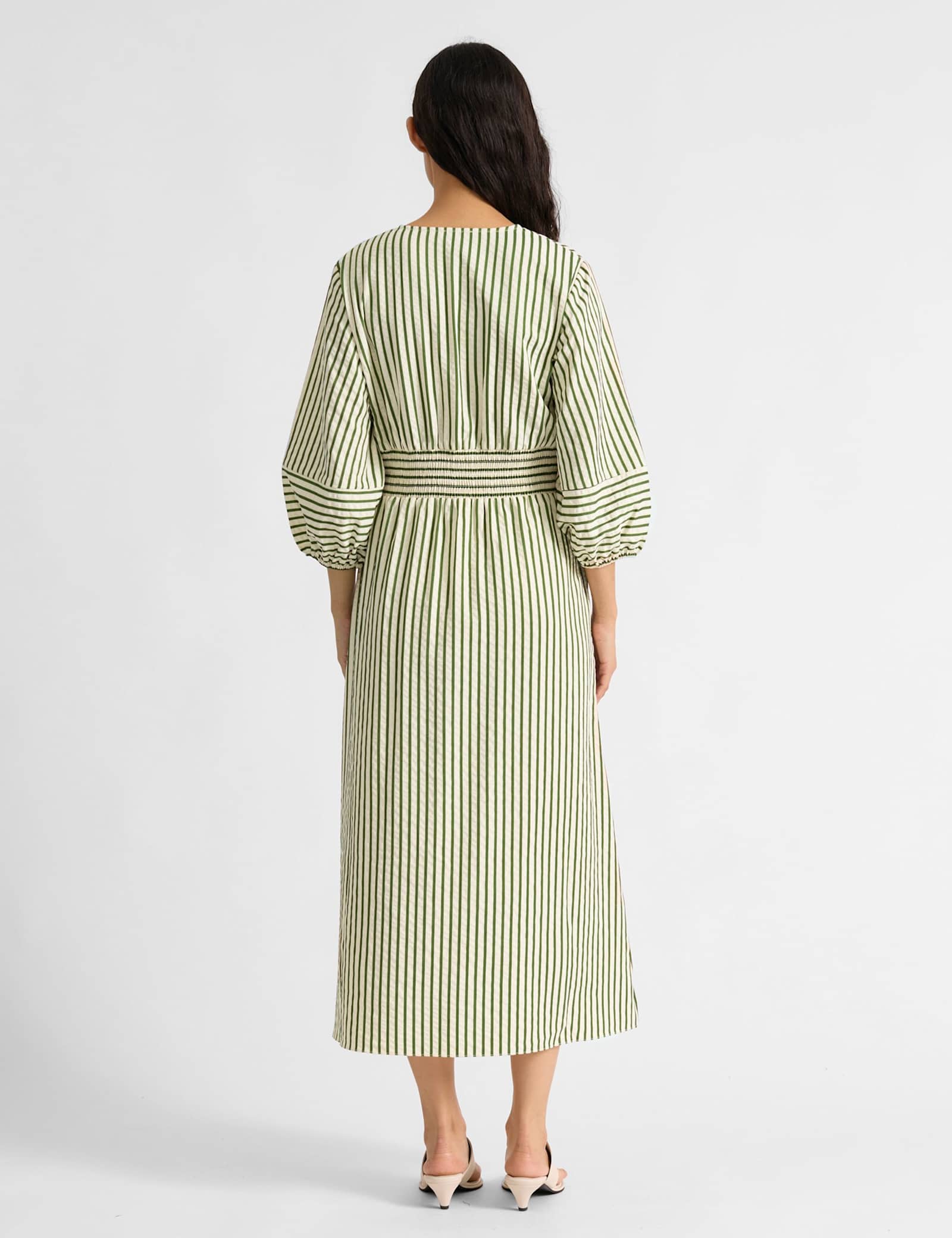 Cotton Blend Striped V-Neck Midi Shirt Dress - image 5