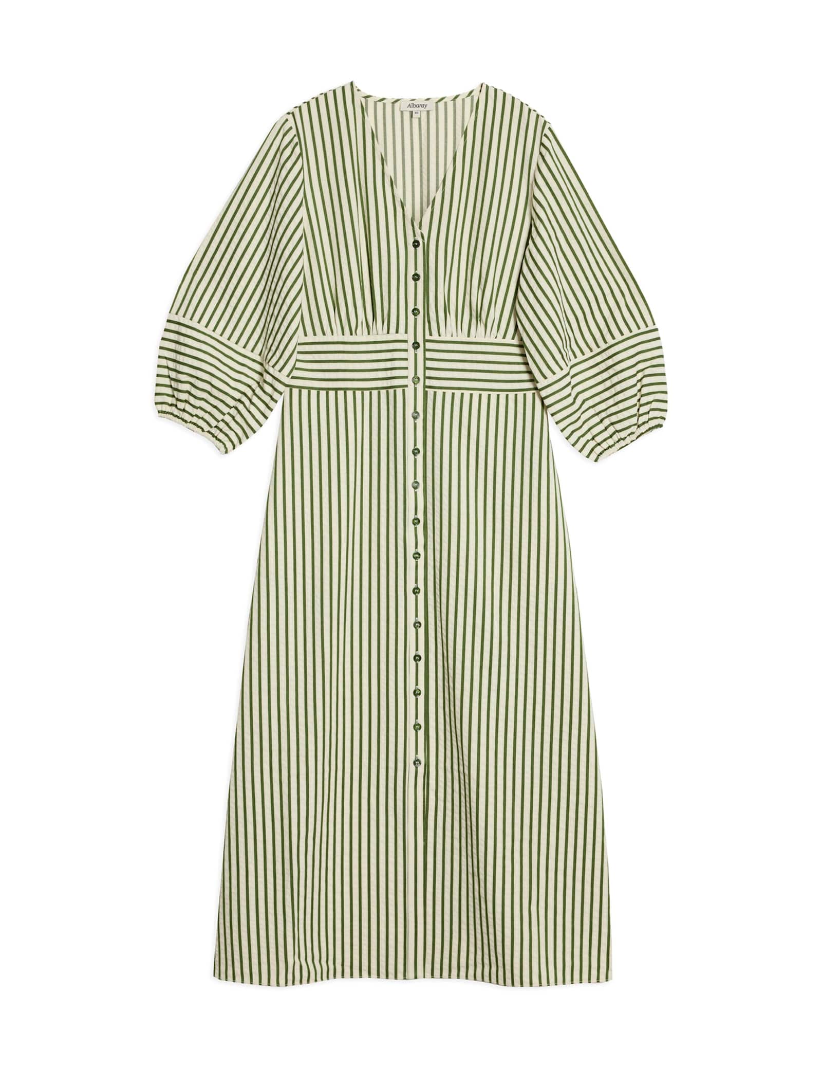 Cotton Blend Striped V-Neck Midi Shirt Dress - image 1