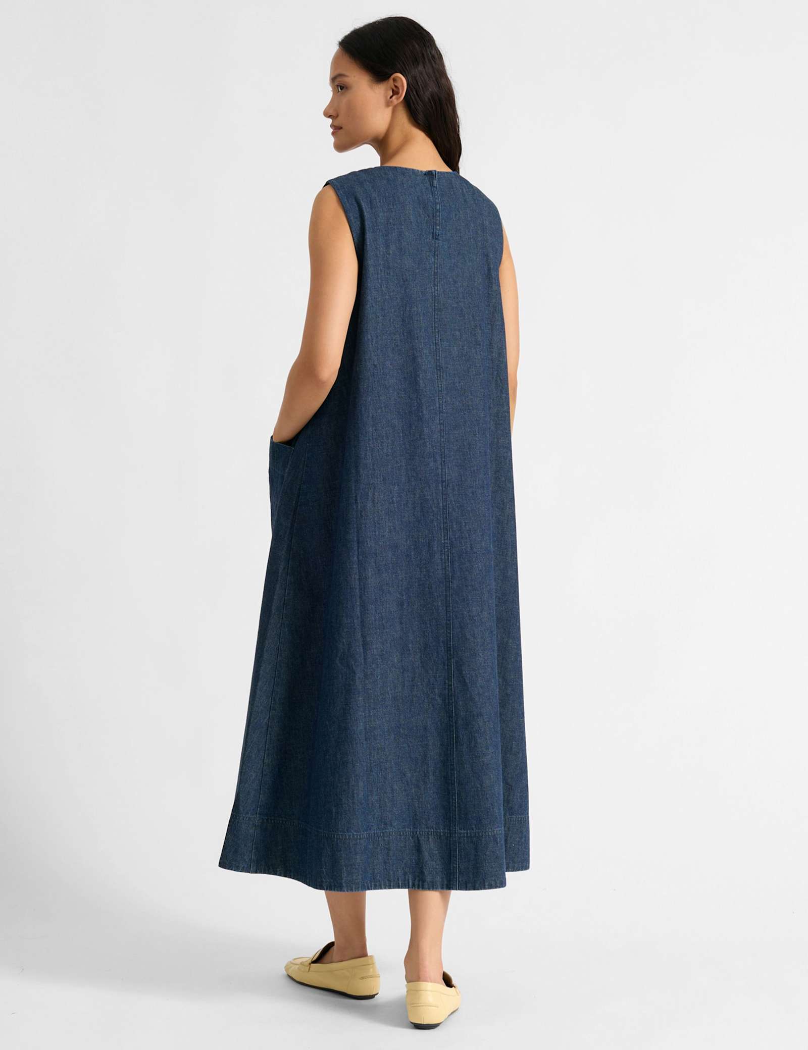 Denim V-Neck Midi A-Line Swing Dress - image 4
