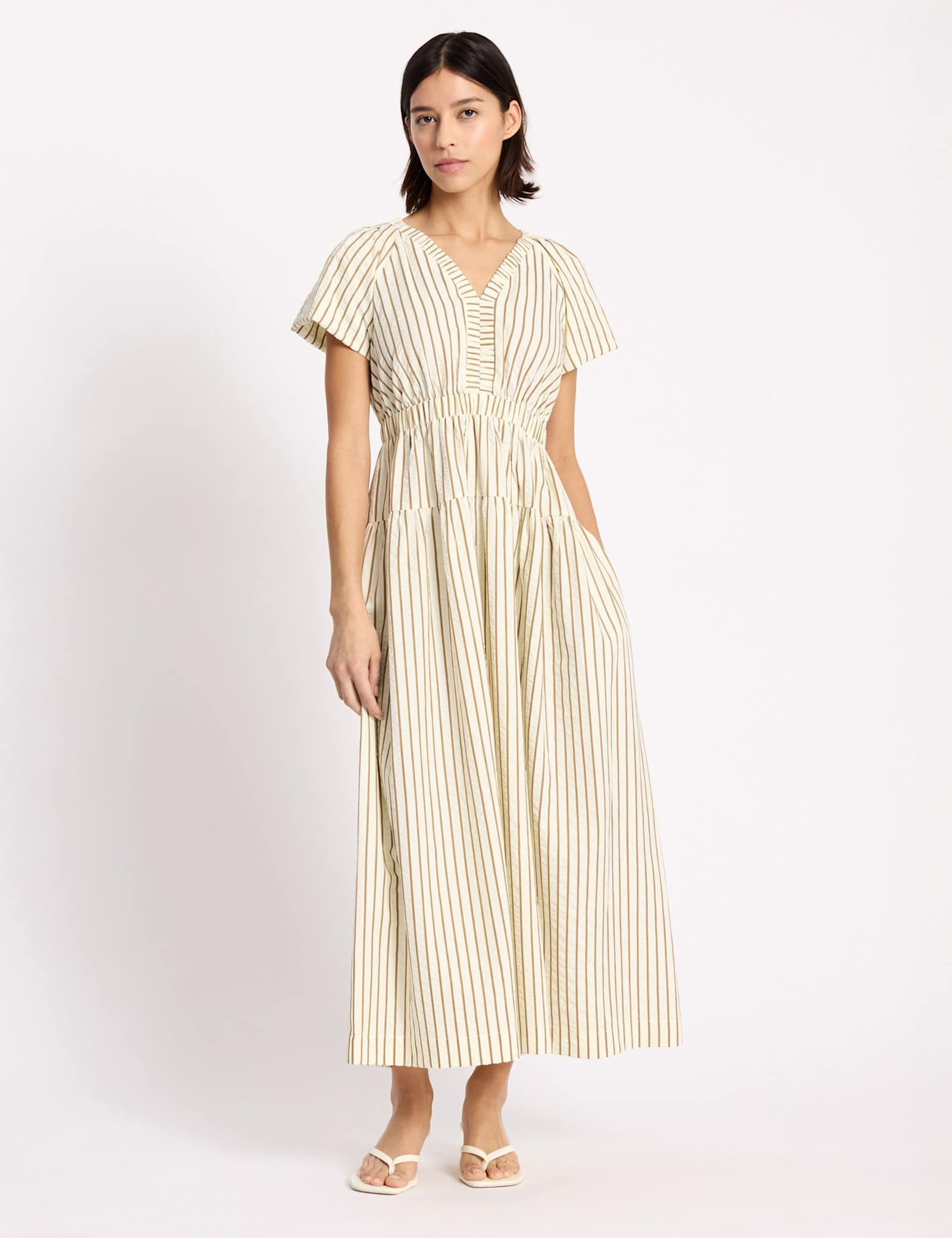 Cotton Blend Striped V-Neck Midi Waisted Dress - image 2