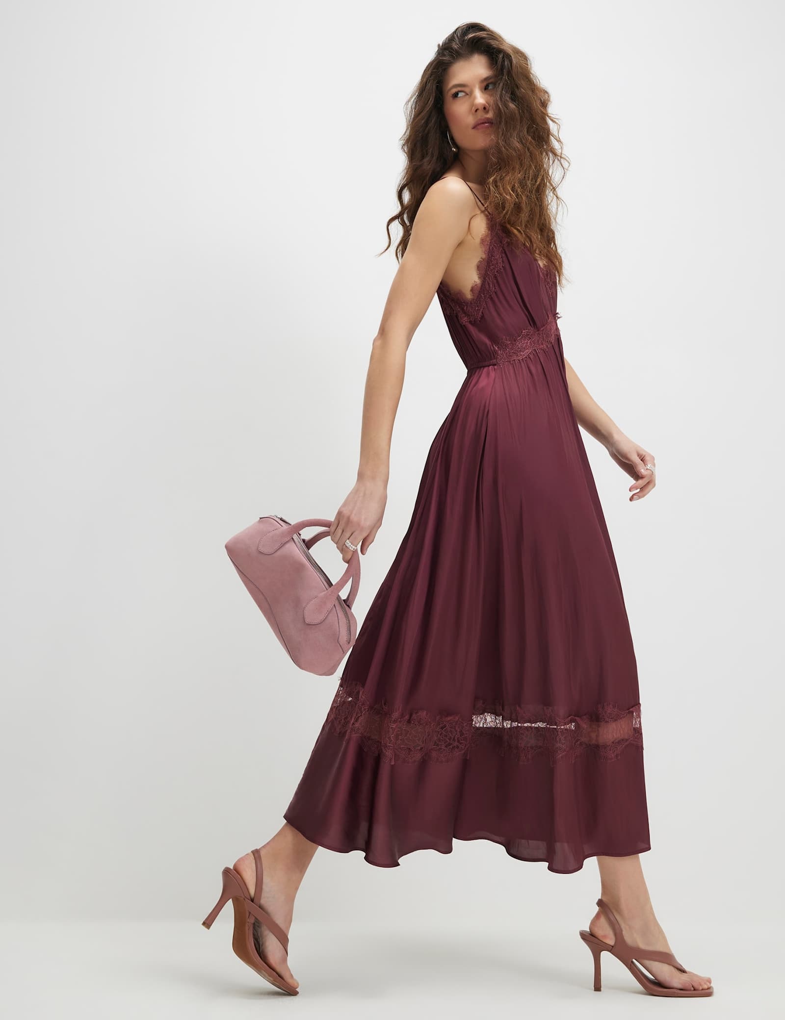 Satin V-Neck Lace Trim Midi Slip Dress - image 1