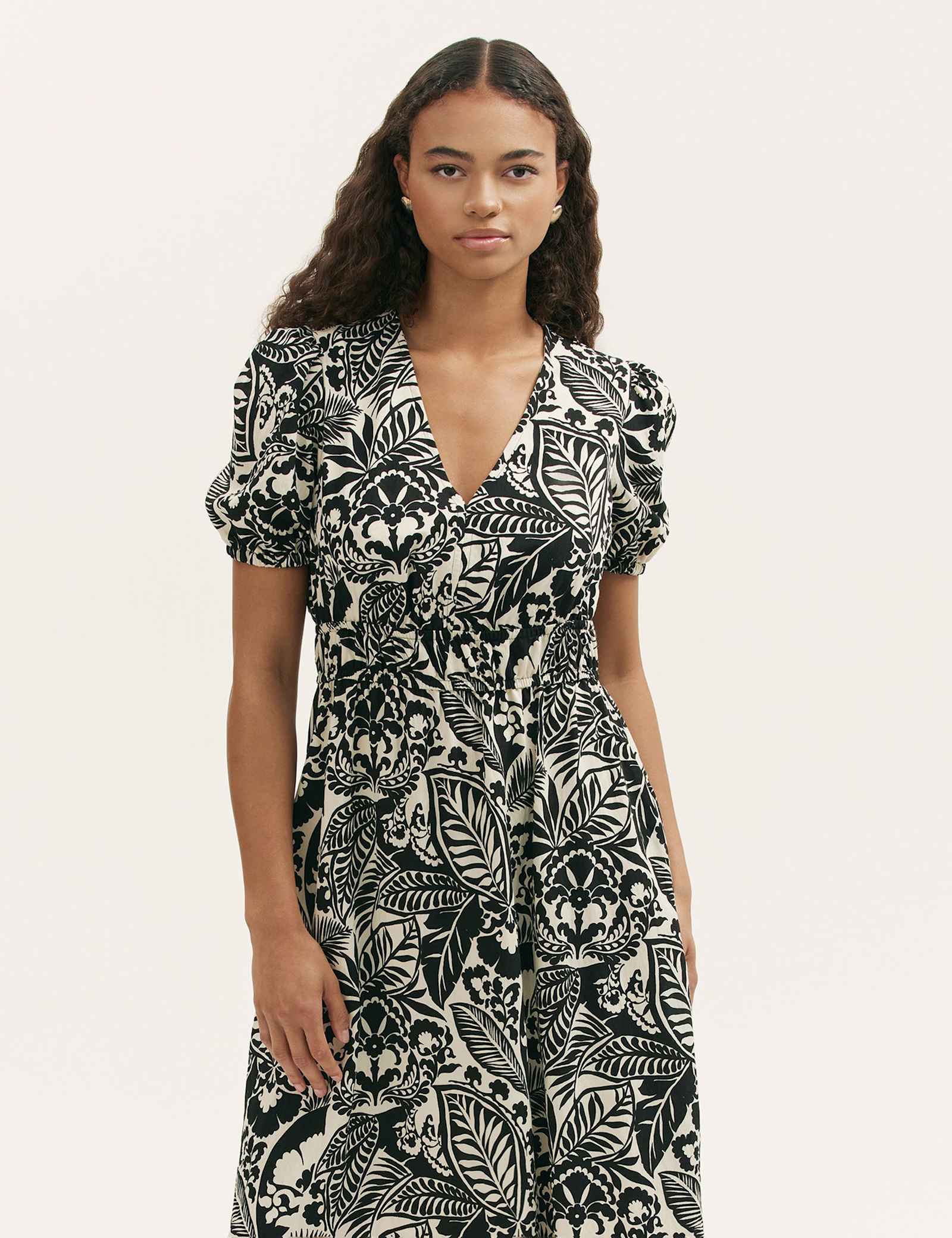Printed V-Neck Midi Waisted Dress - image 3