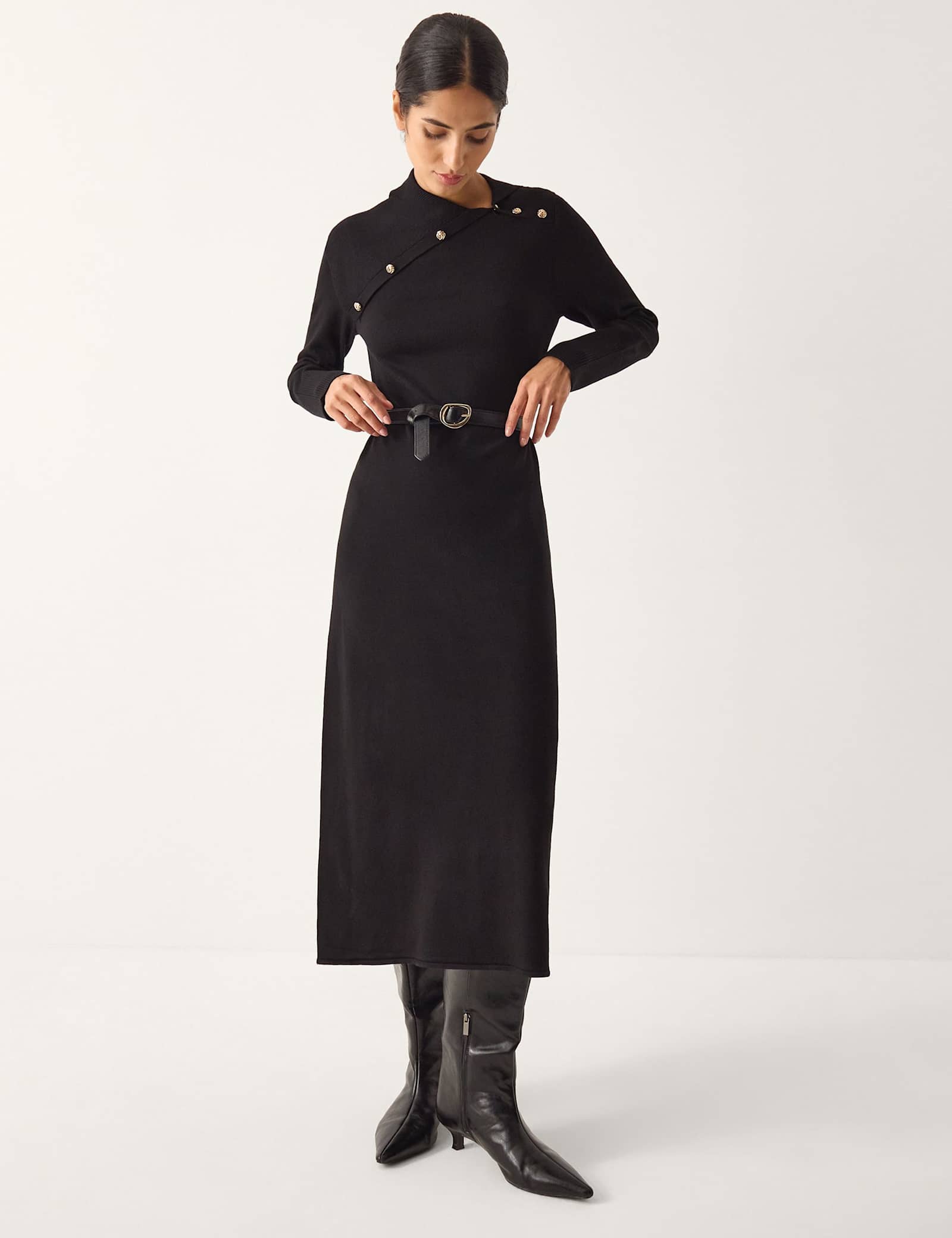 Asymmetric Button Collar Midi Jumper Dress - image 1