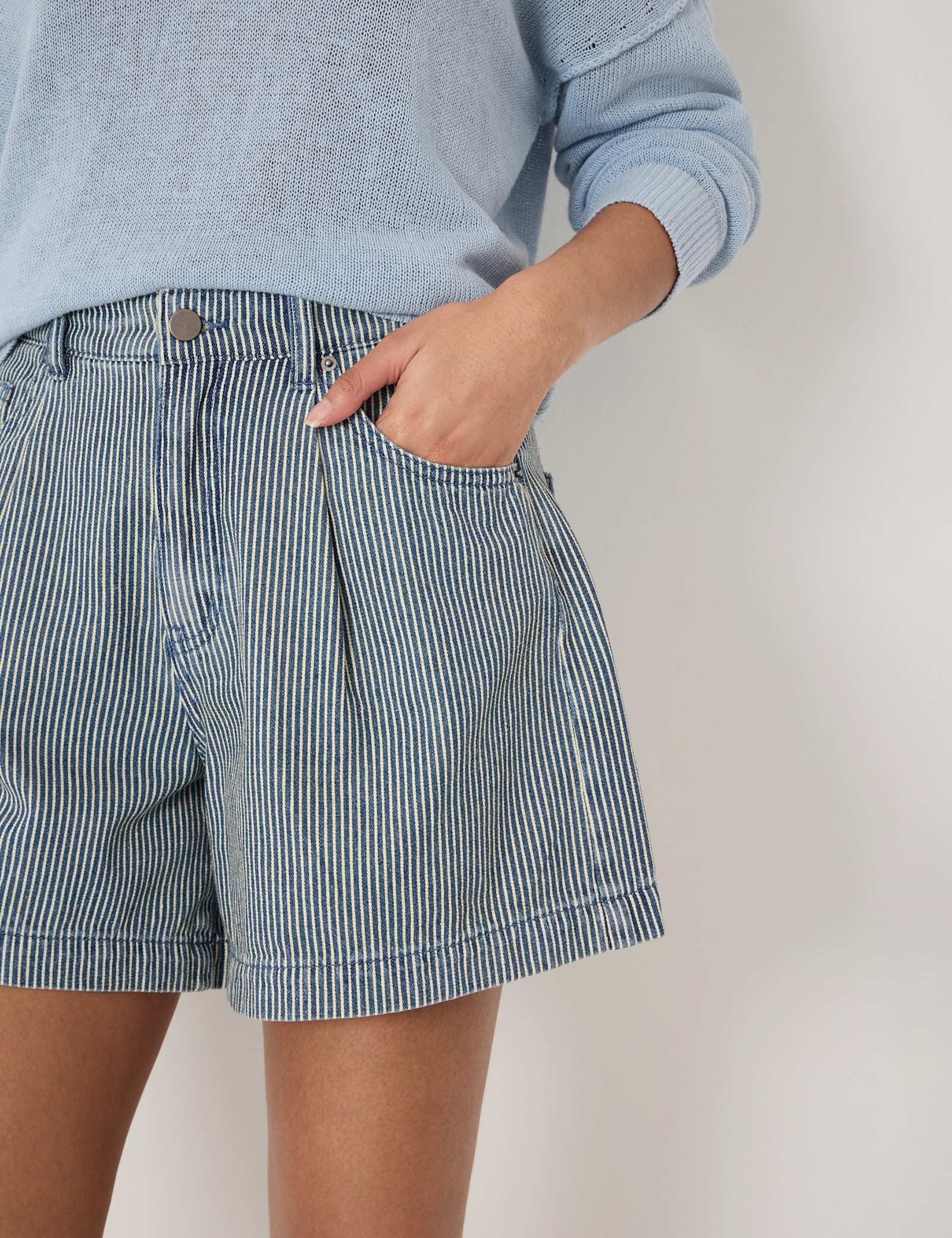 Denim Striped Pleat Front Shorts - image 3