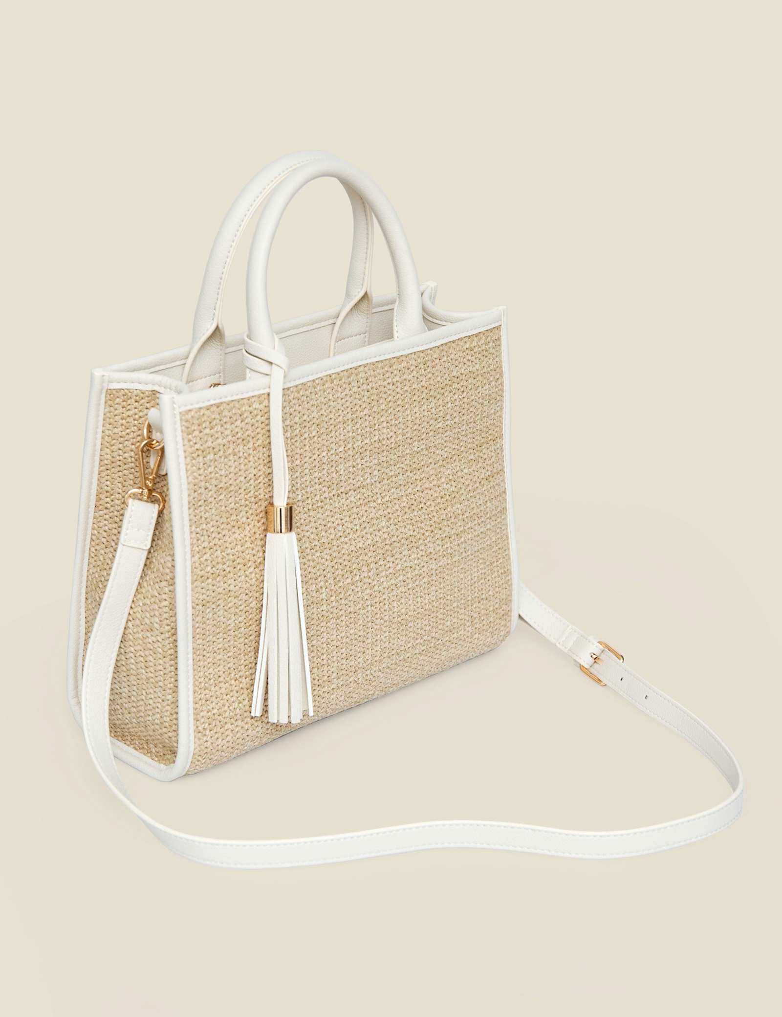 Raffia Contrast Trim Tassel Tote Bag - image 3
