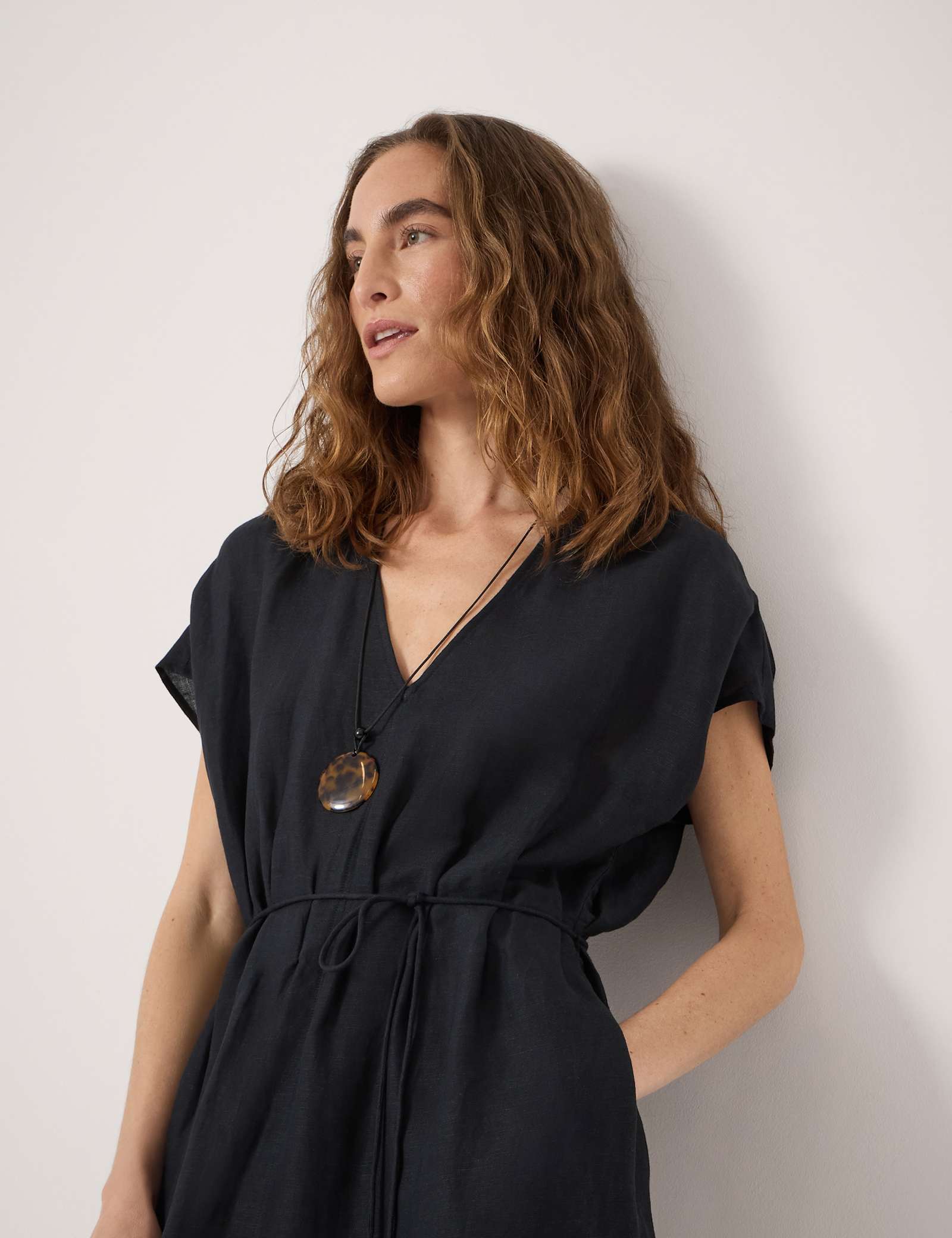 Linen Blend V-Neck Midi Waisted Dress - image 4