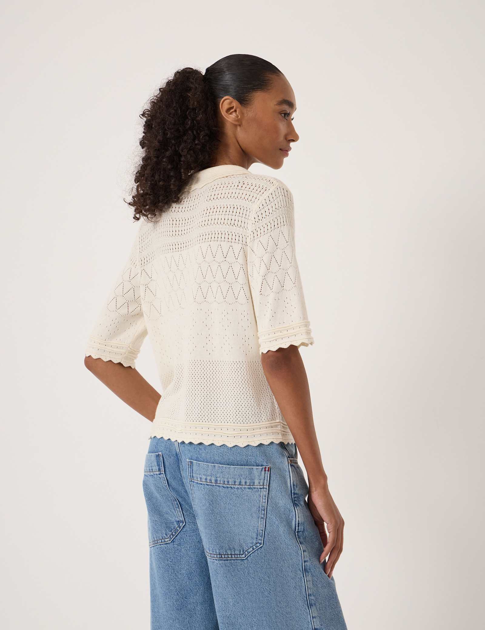 Cotton Blend Pointelle Collared Cardigan - image 4