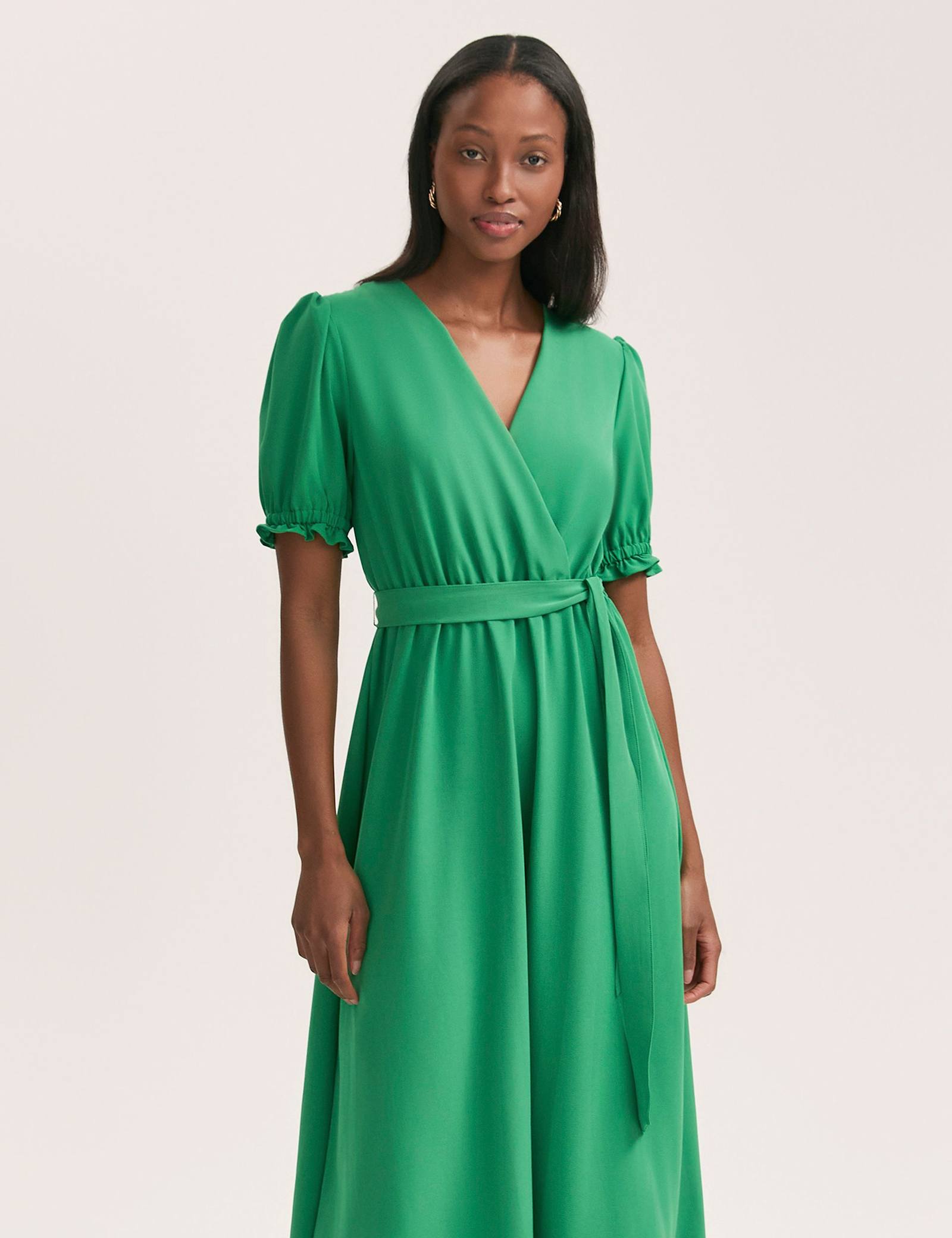 Crepe V-Neck Tie Waist Midi Wrap Dress - image 2