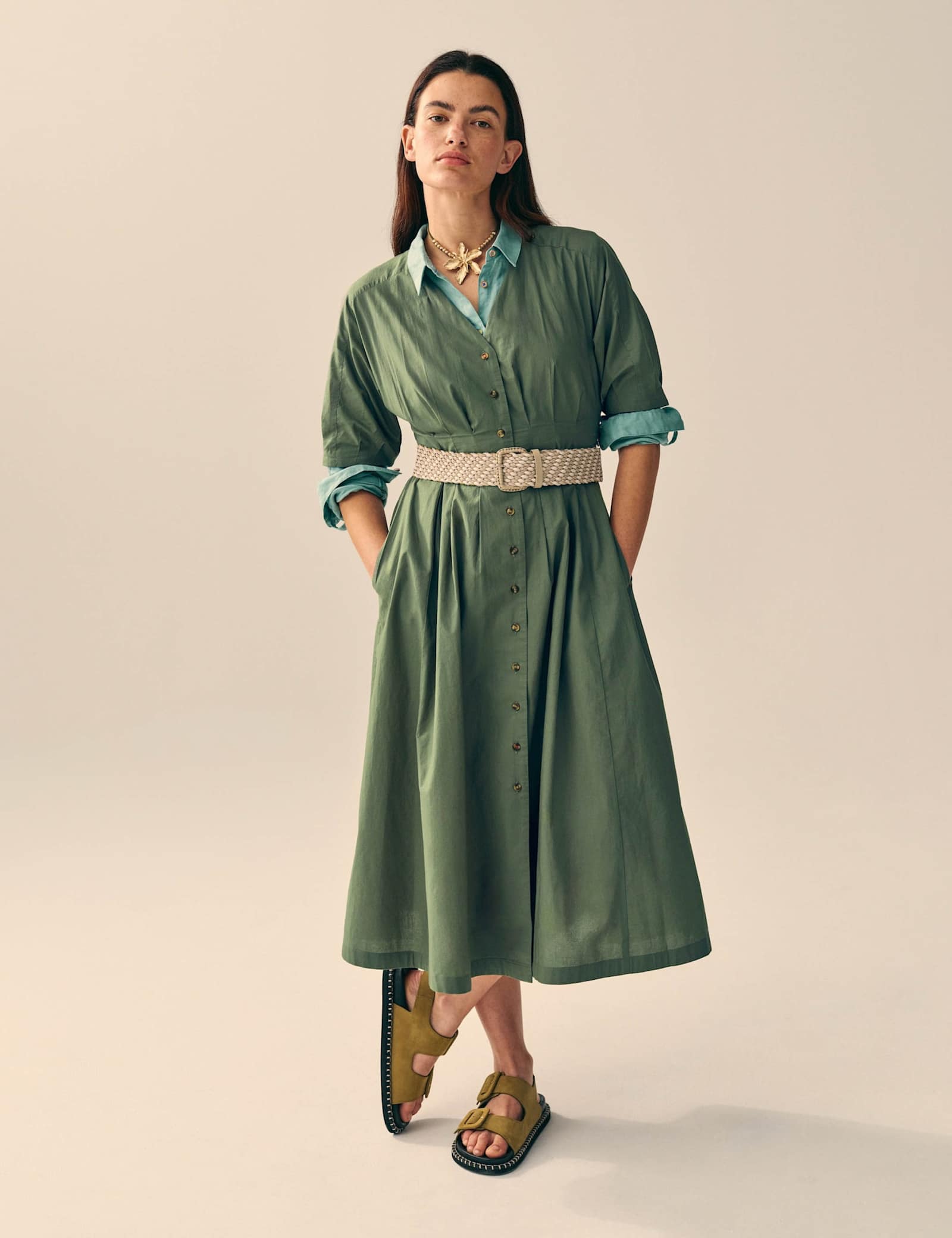 Pure Cotton V-Neck Midi Waisted Dress - image 3