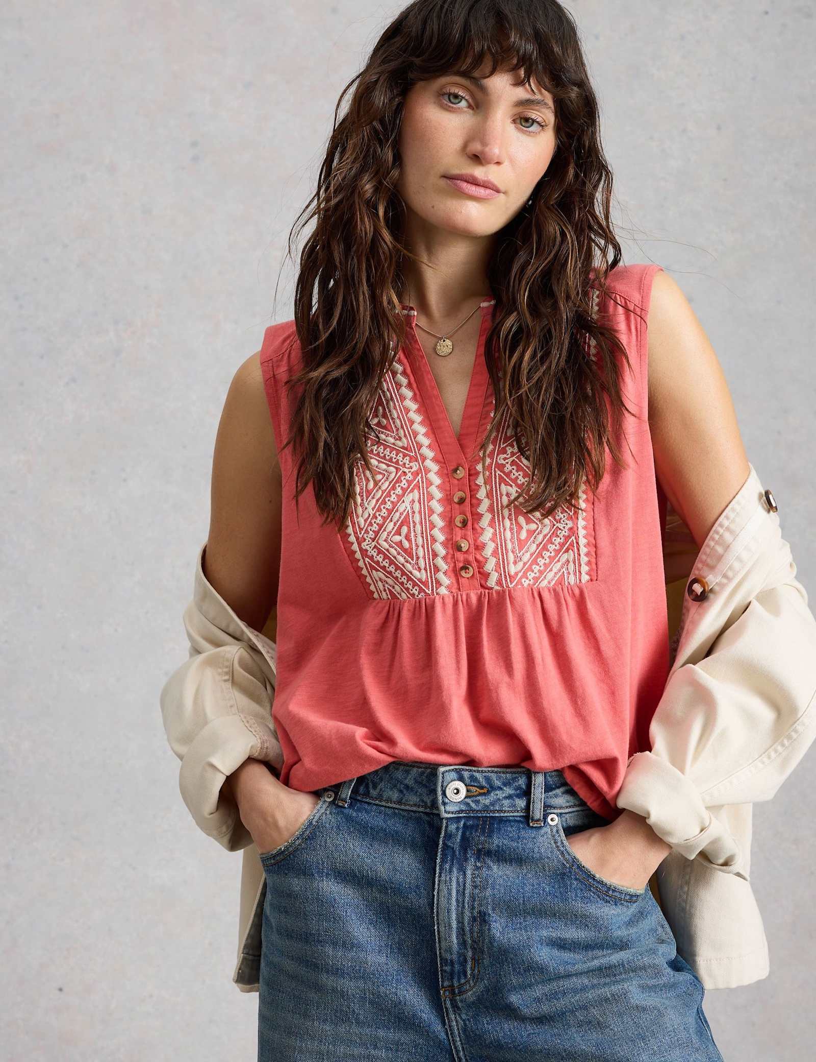 Pure Cotton Embroidery Tie Hem Top - image 5