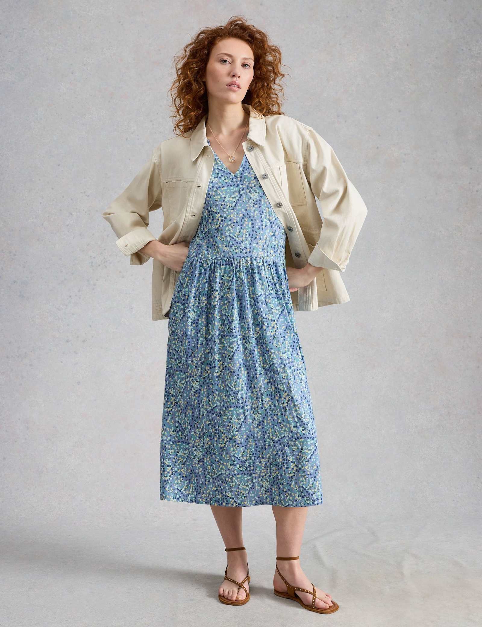 Cotton Blend Printed Midi Waisted Dress - image 5