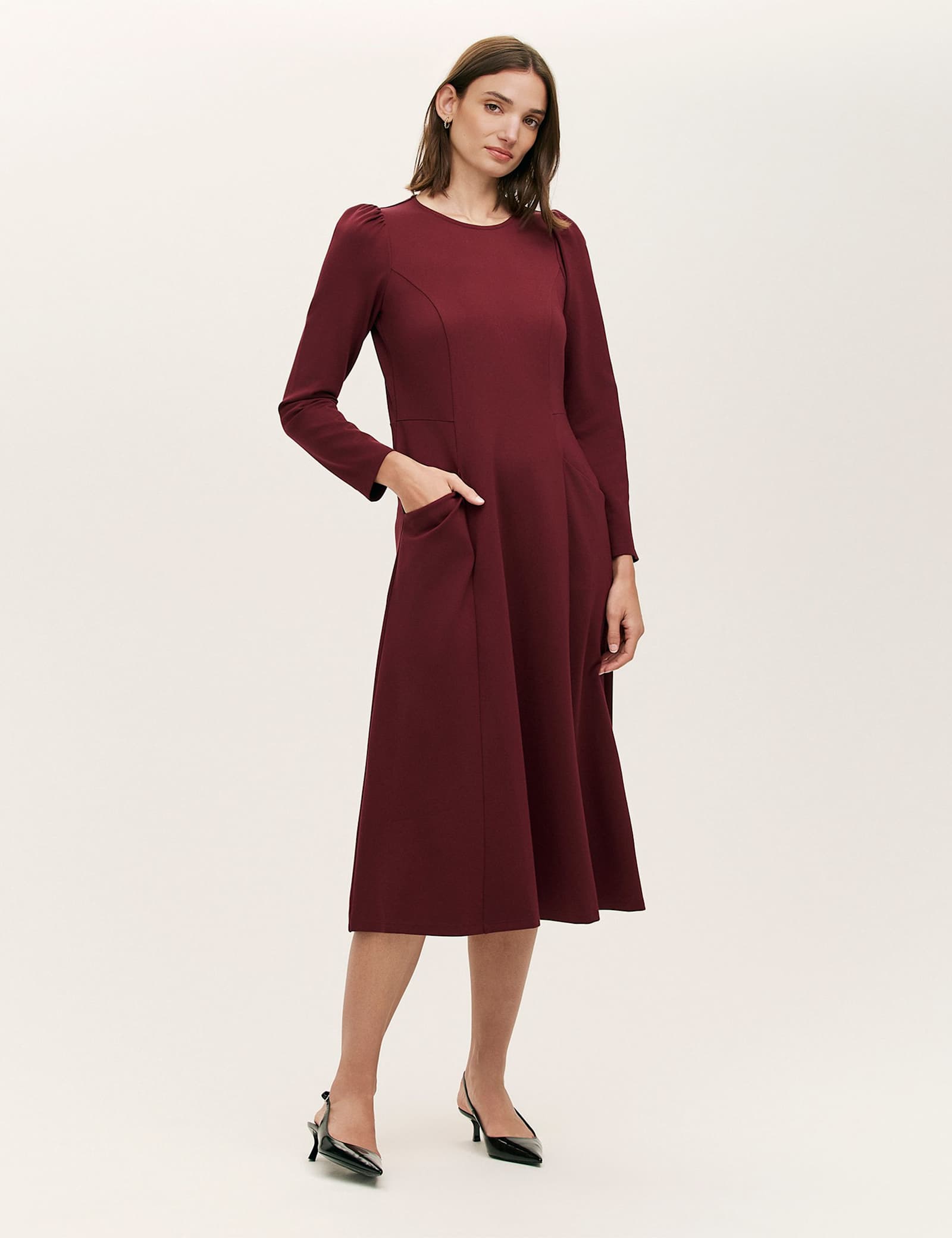 Ponte Jersey Puff Sleeve Midi Skater Dress - image 2
