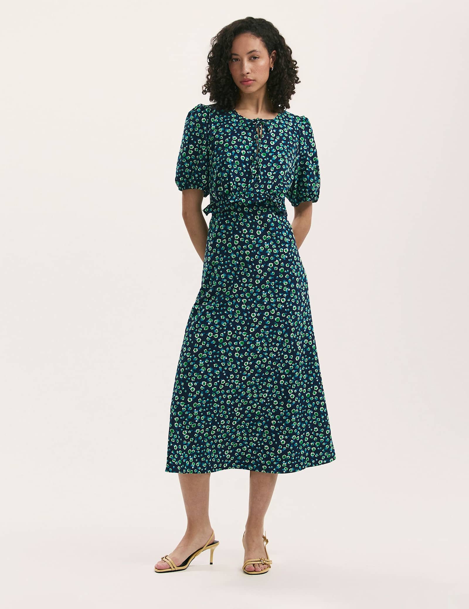Floral Tie Neck Midi Tea Dress - image 1