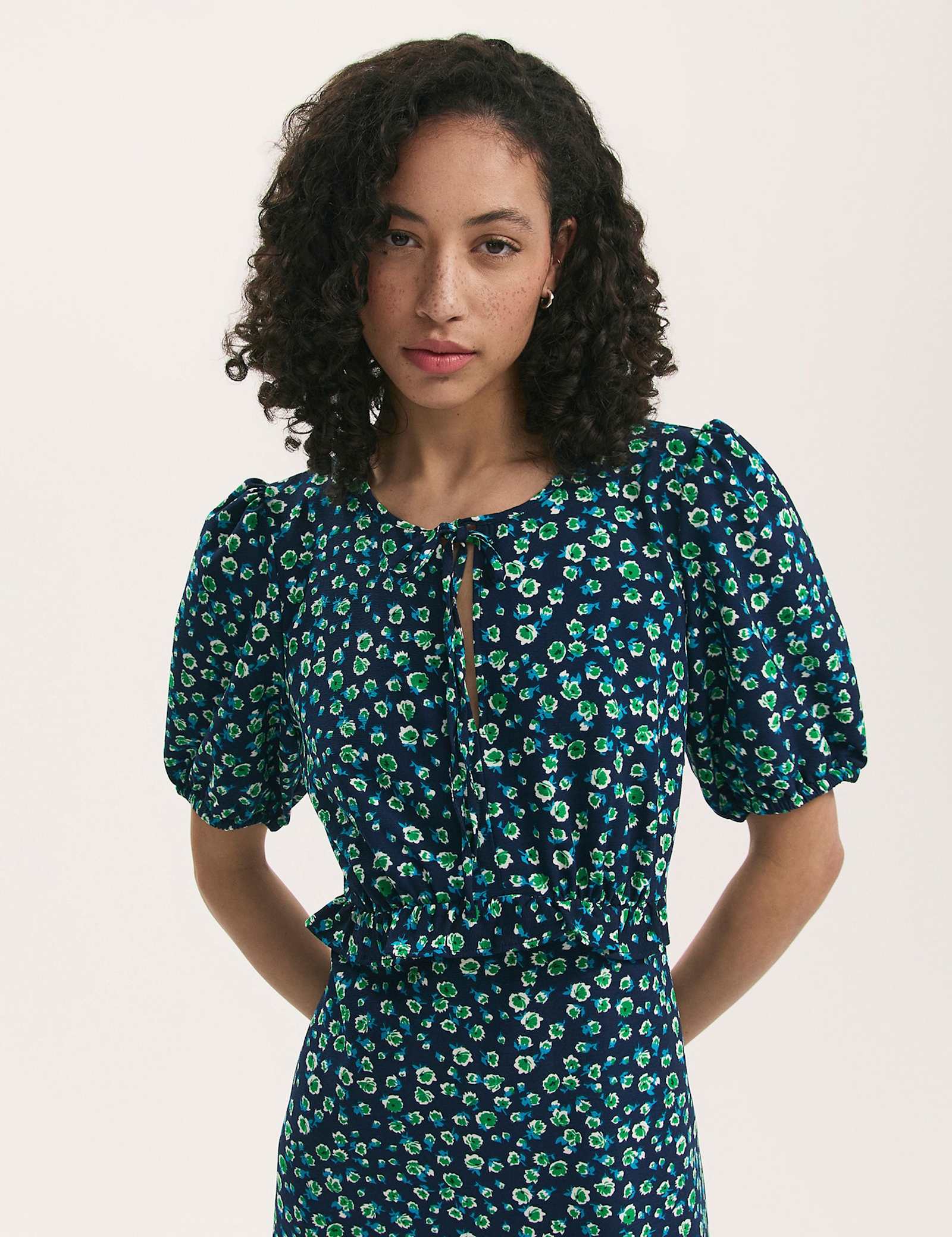 Floral Tie Neck Midi Tea Dress - image 3