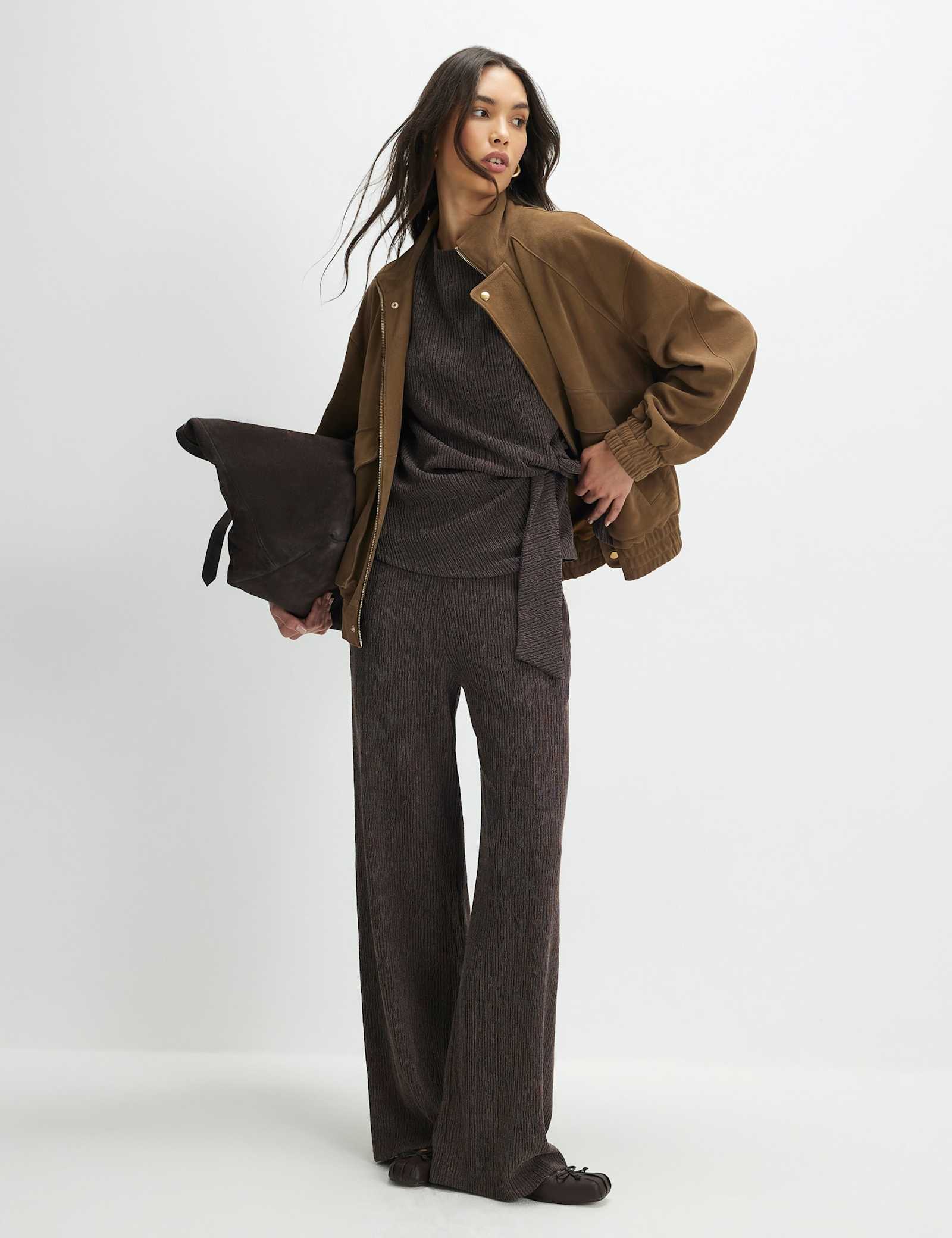 Plisse Round Neck Tie Detail Top - image 3