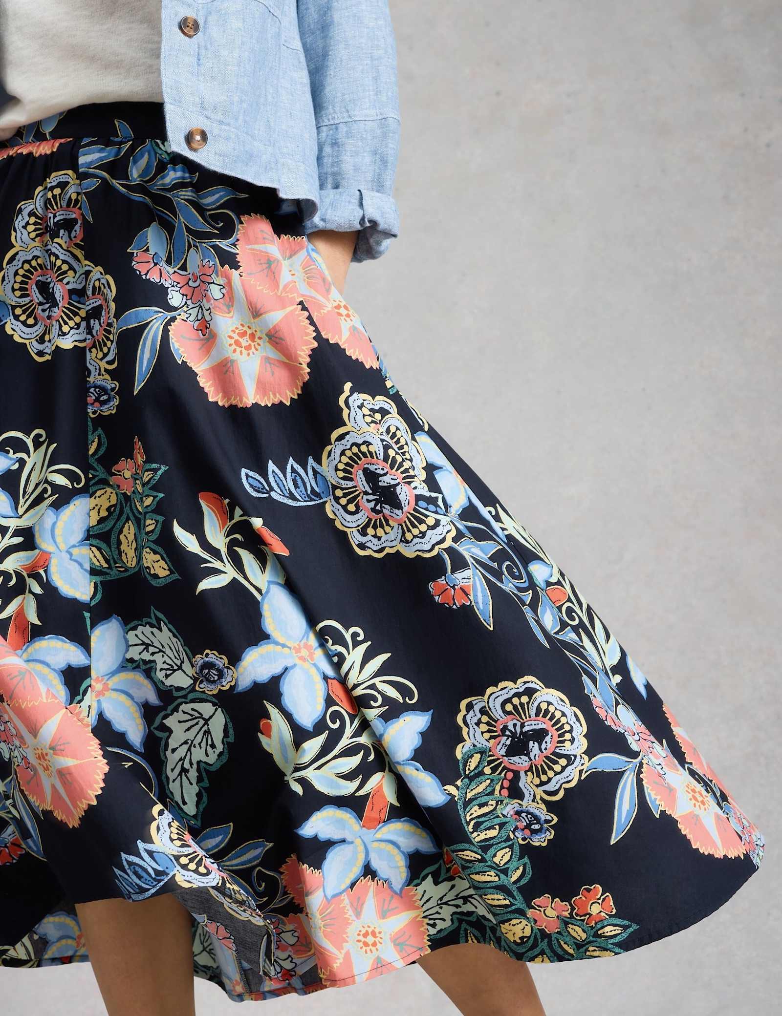 Pure Cotton Floral Midi A-Line Skirt - image 3