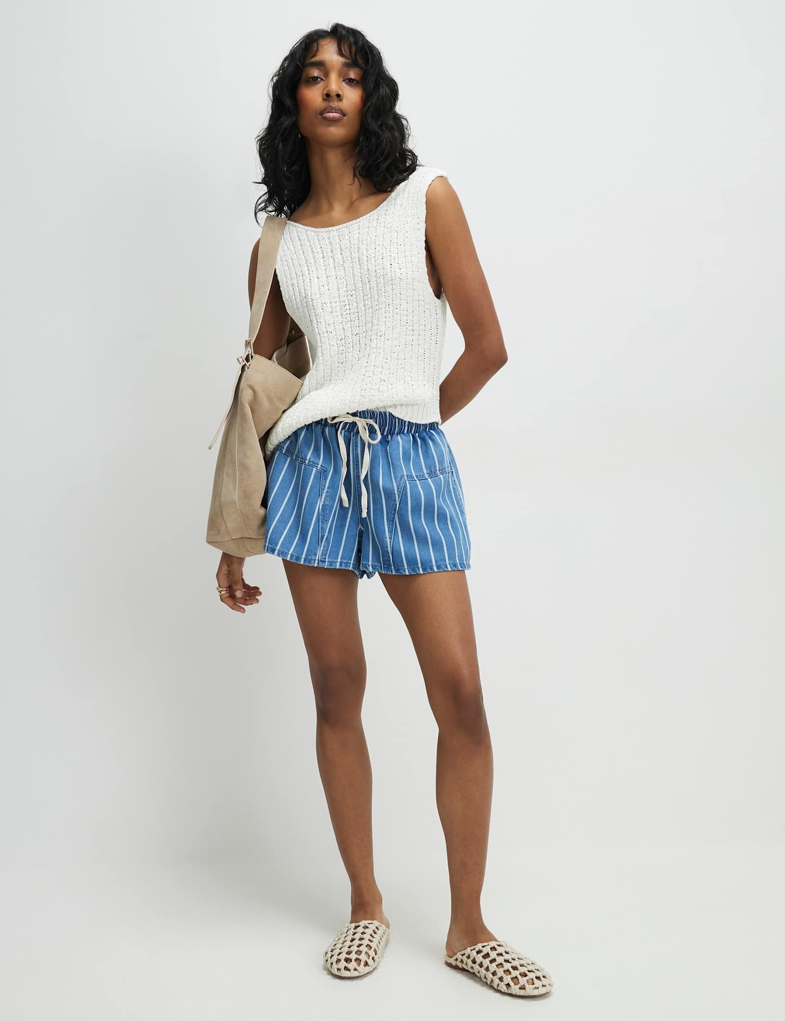 Denim Striped High Waisted Shorts - image 4
