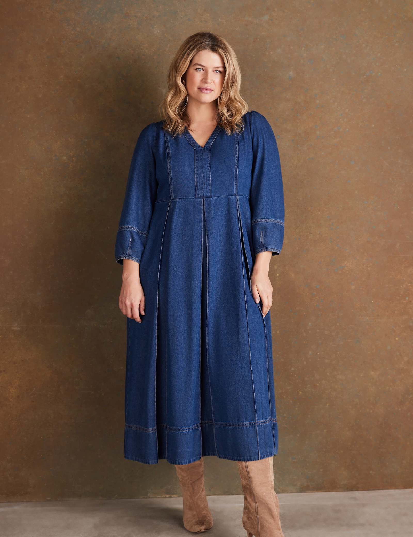 Pure Cotton Denim V-Neck Midaxi Dress - image 1
